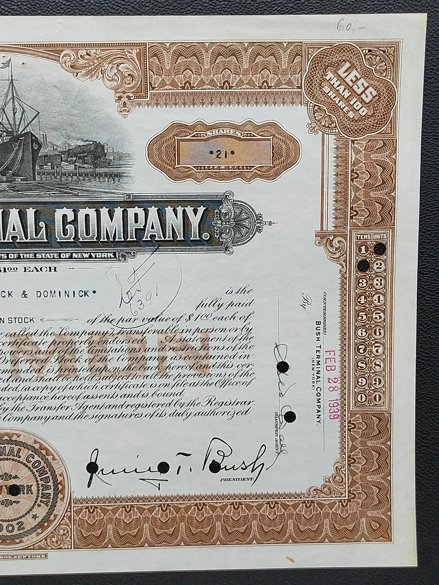 Historische Bush Terminal Company Aktie Original von 1939