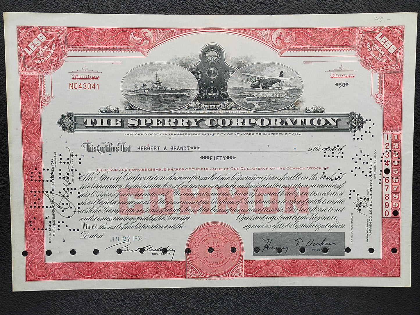 Historische Sperry Corporation Aktie von 1952