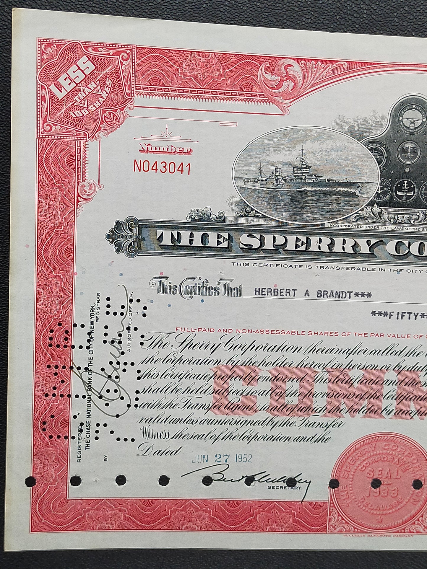 Historische Sperry Corporation Aktie von 1952