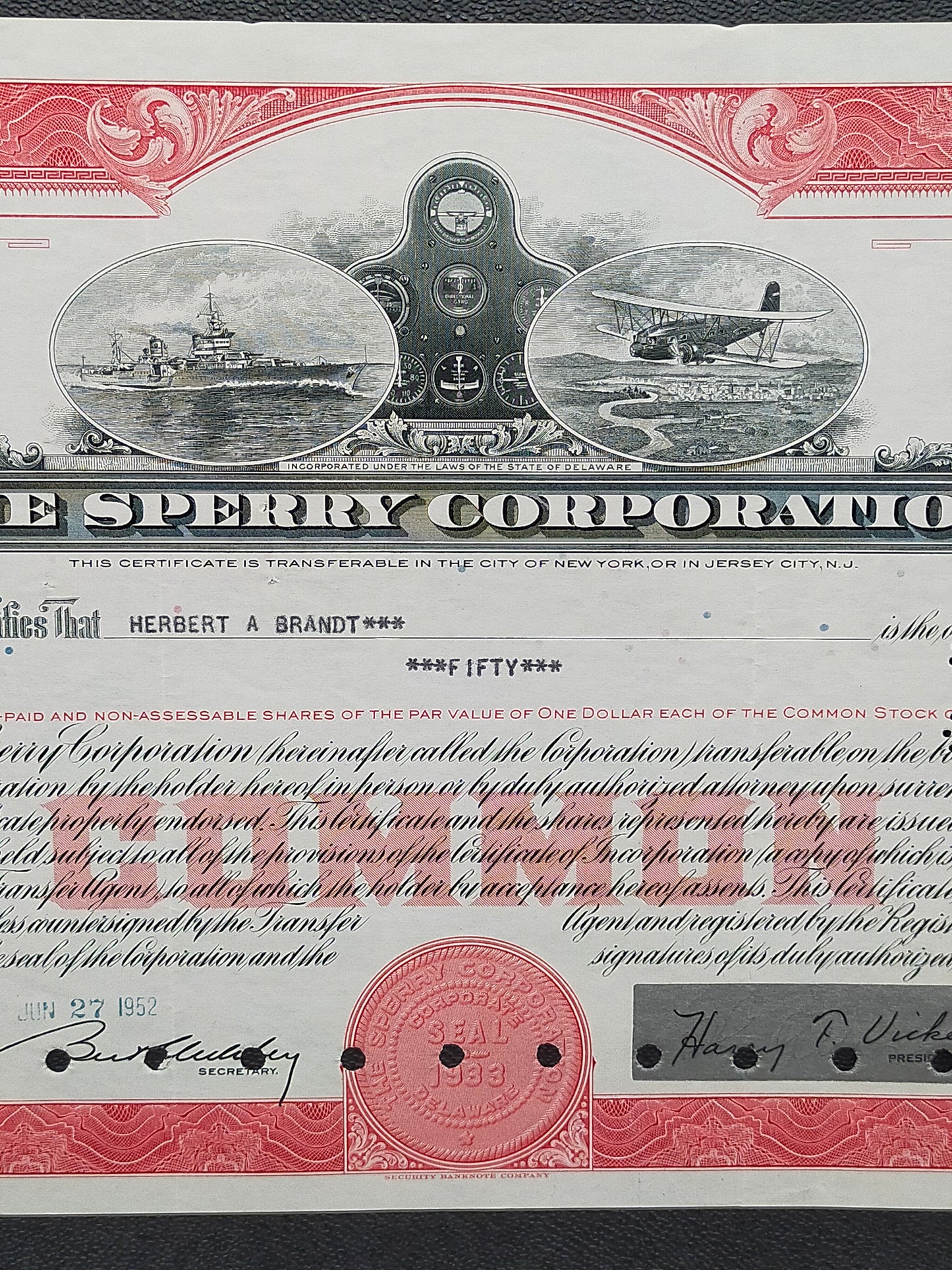 Historische Sperry Corporation Aktie von 1952
