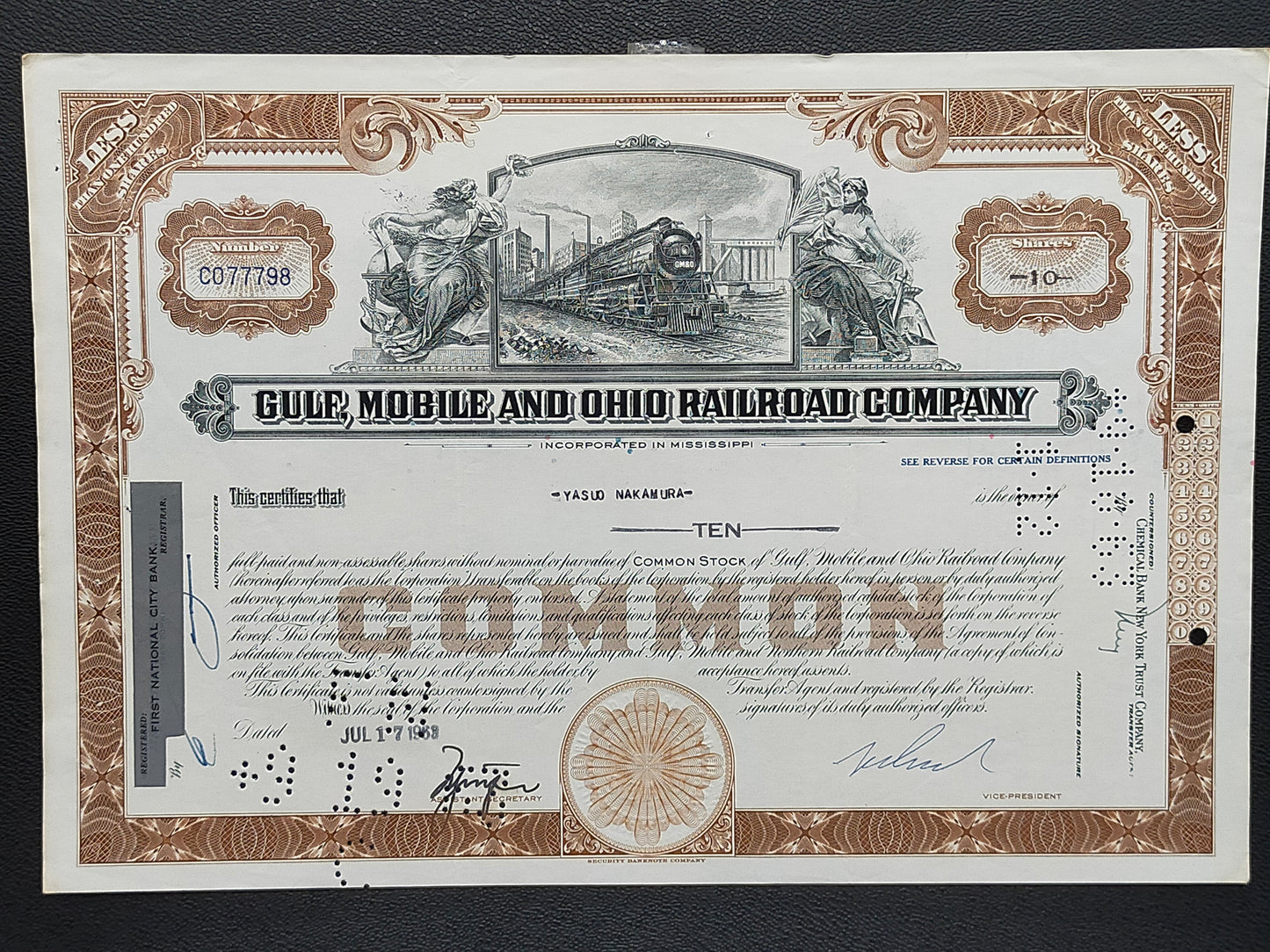 Historische Gulf, Mobile and Ohio Railroad Aktie 10 Shares von 1969