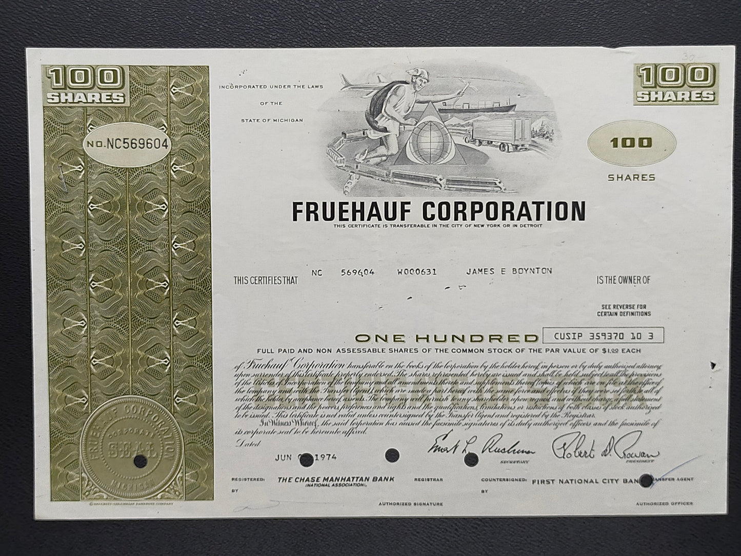 Historische Fruehauf Corporation Aktie 100 Shares von 1974