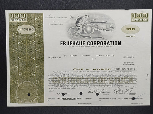 Historische Fruehauf Corporation Aktie 100 Shares von 1974