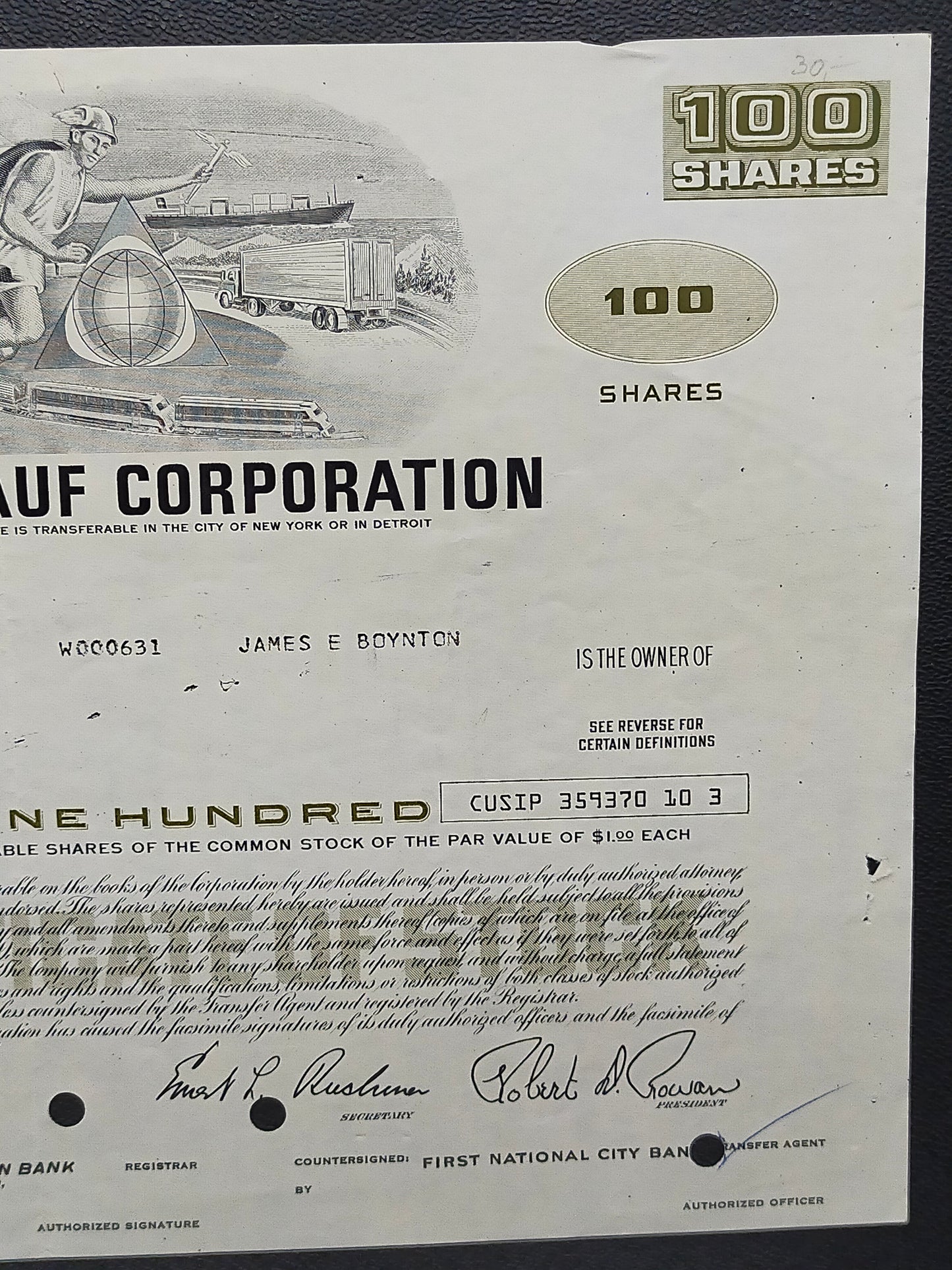 Historische Fruehauf Corporation Aktie 100 Shares von 1974