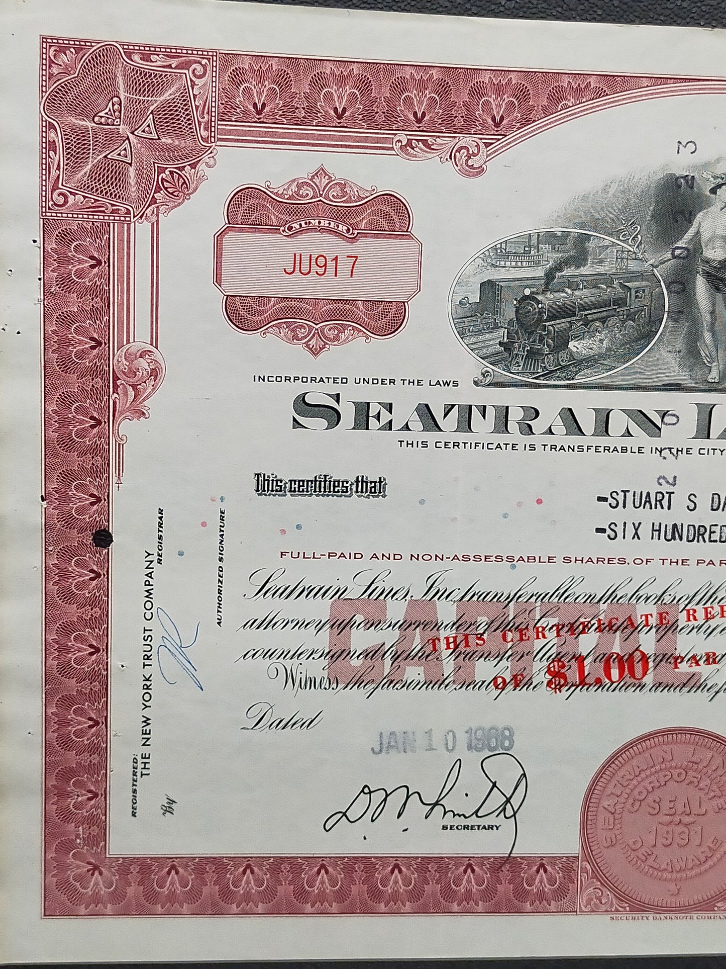 Historische Seatrain Lines Aktie von 1968 Vintage Scripophily