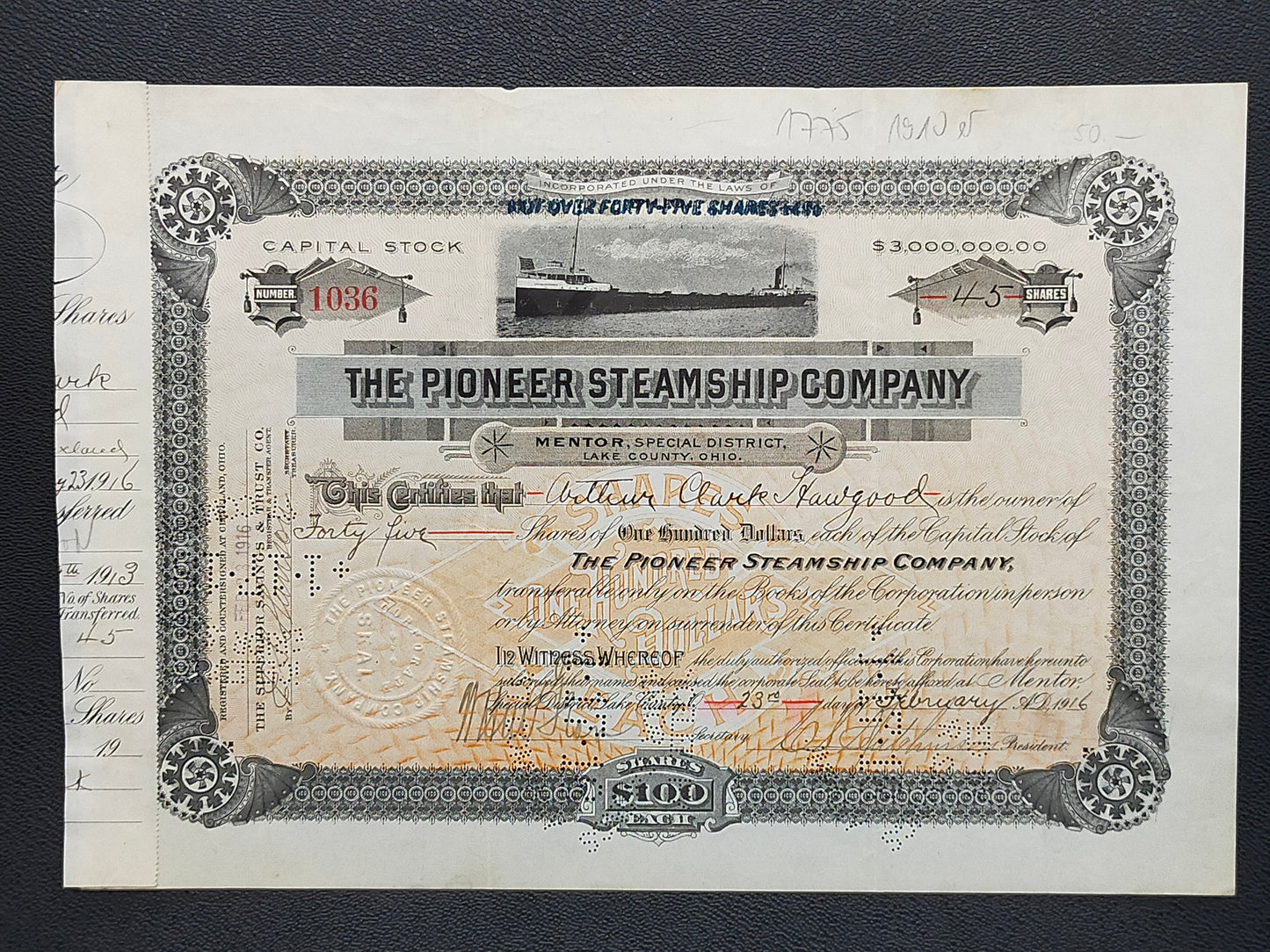 Historische Aktie The Pioneer Steamship Company 1916 Schiffahrt Scripophily