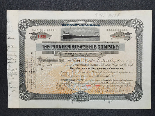 Historische Aktie The Pioneer Steamship Company 1916 Schiffahrt Scripophily
