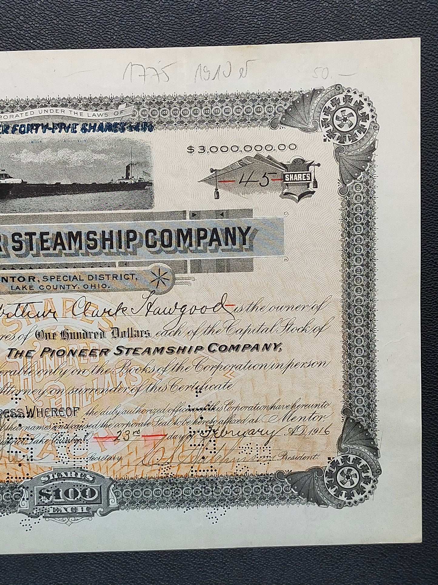 Historische Aktie The Pioneer Steamship Company 1916 Schiffahrt Scripophily