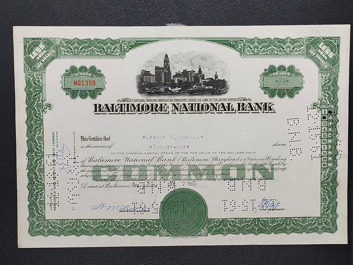 Historisches Baltimore National Bank Wertpapier Scripophily von 1960