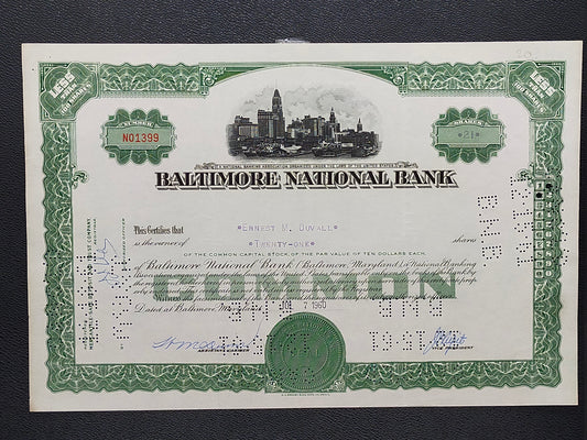 Historisches Baltimore National Bank Wertpapier Scripophily von 1960