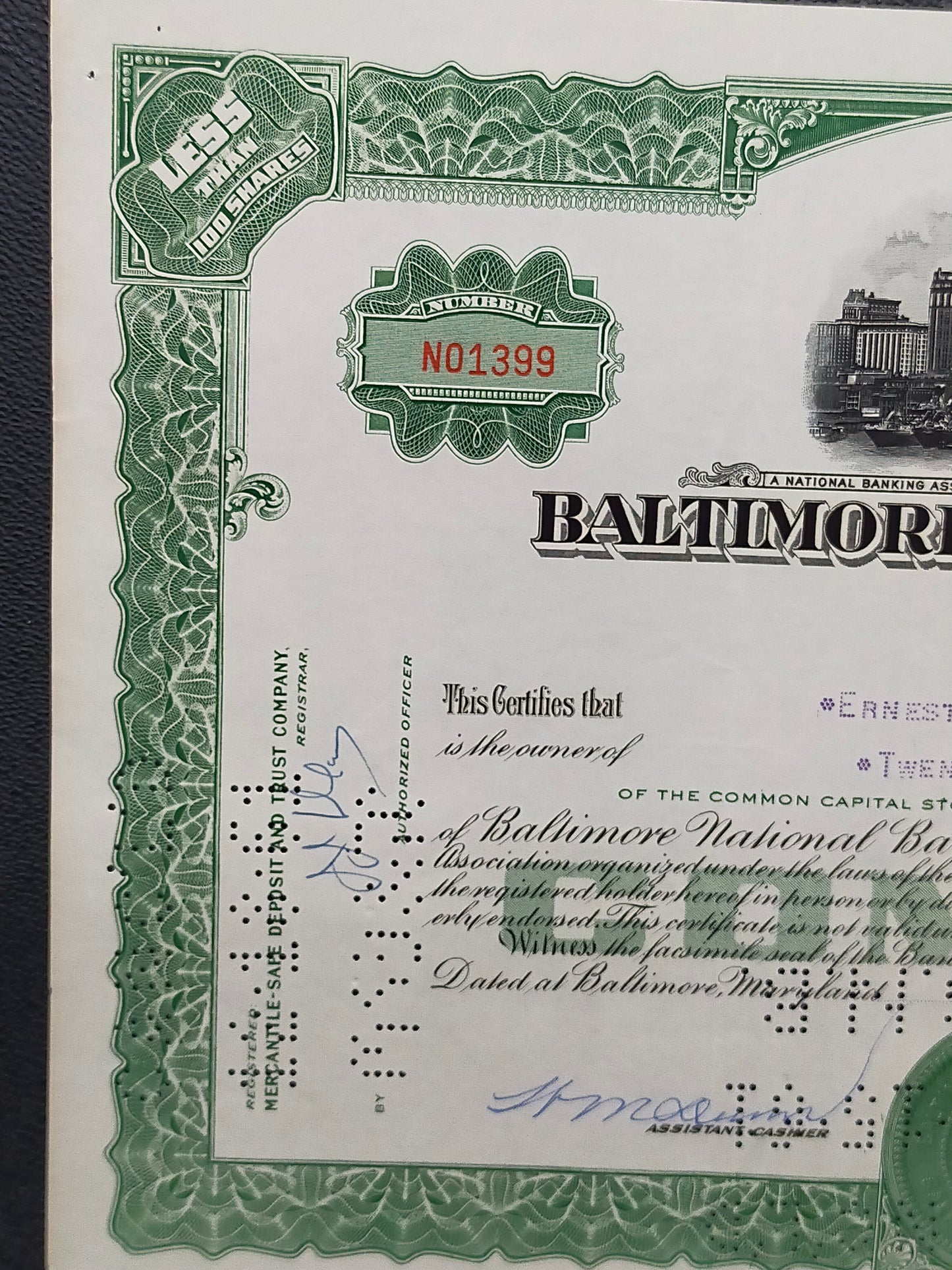 Historisches Baltimore National Bank Wertpapier Scripophily von 1960
