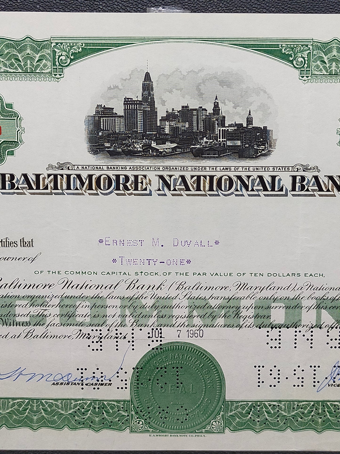 Historisches Baltimore National Bank Wertpapier Scripophily von 1960