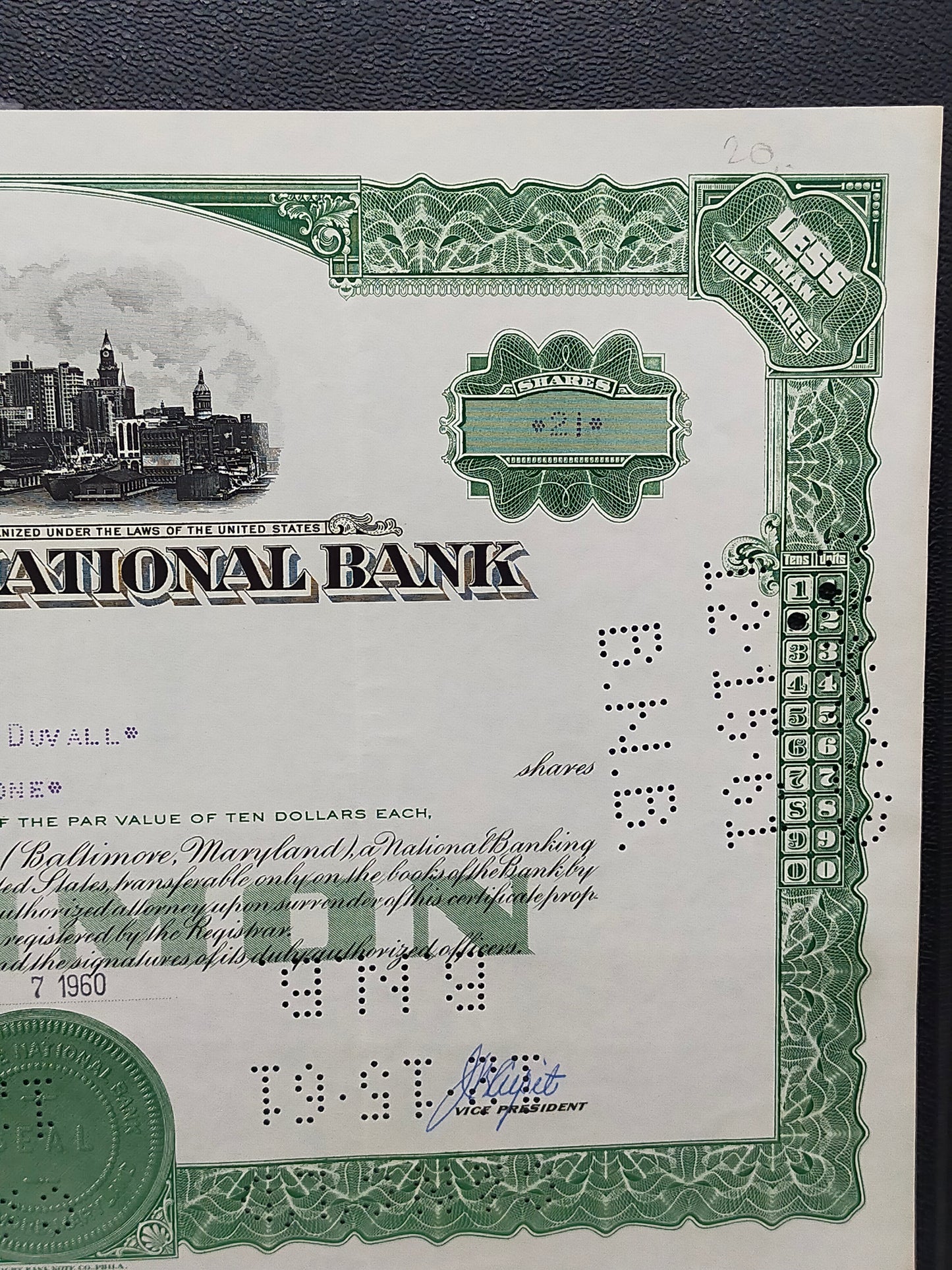 Historisches Baltimore National Bank Wertpapier Scripophily von 1960