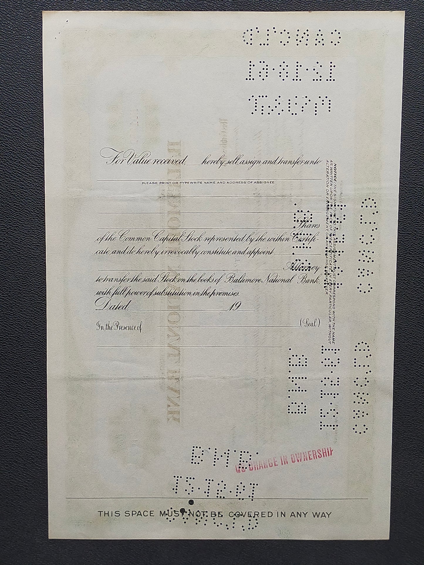 Historisches Baltimore National Bank Wertpapier Scripophily von 1960