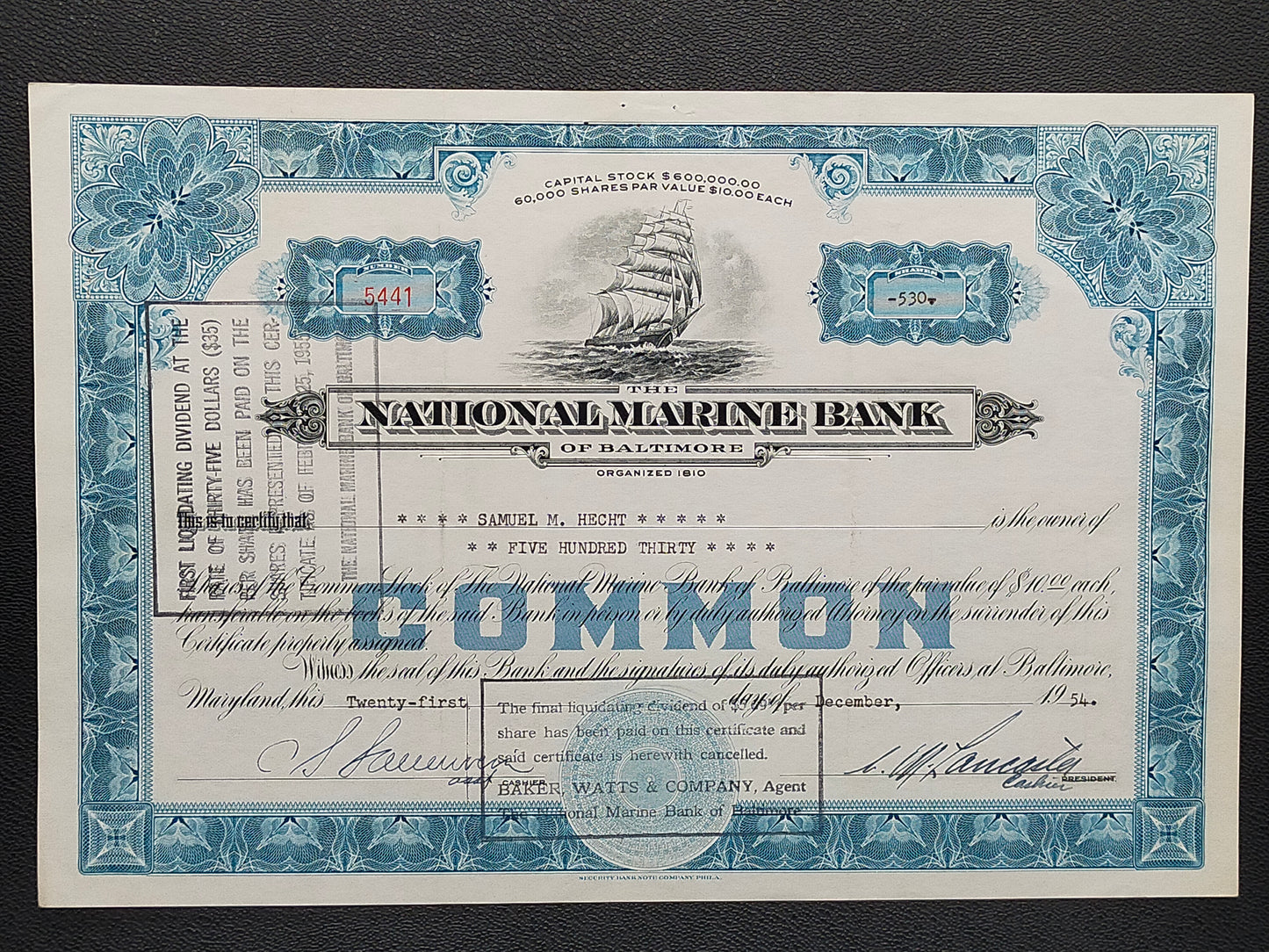 Historische Aktie – The National Marine Bank of Baltimore (1954)