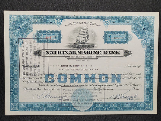 Historische Aktie – The National Marine Bank of Baltimore (1954)
