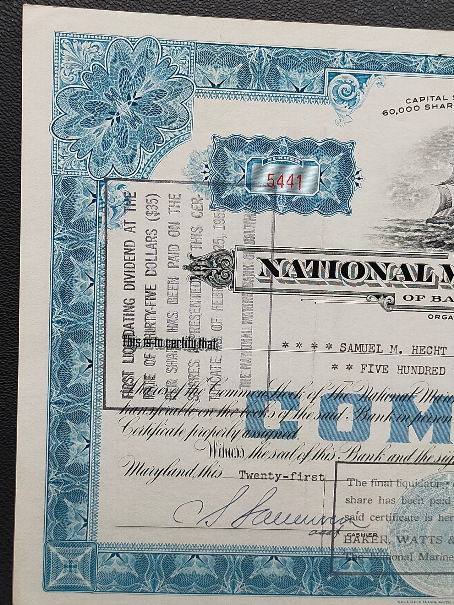 Historische Aktie – The National Marine Bank of Baltimore (1954)