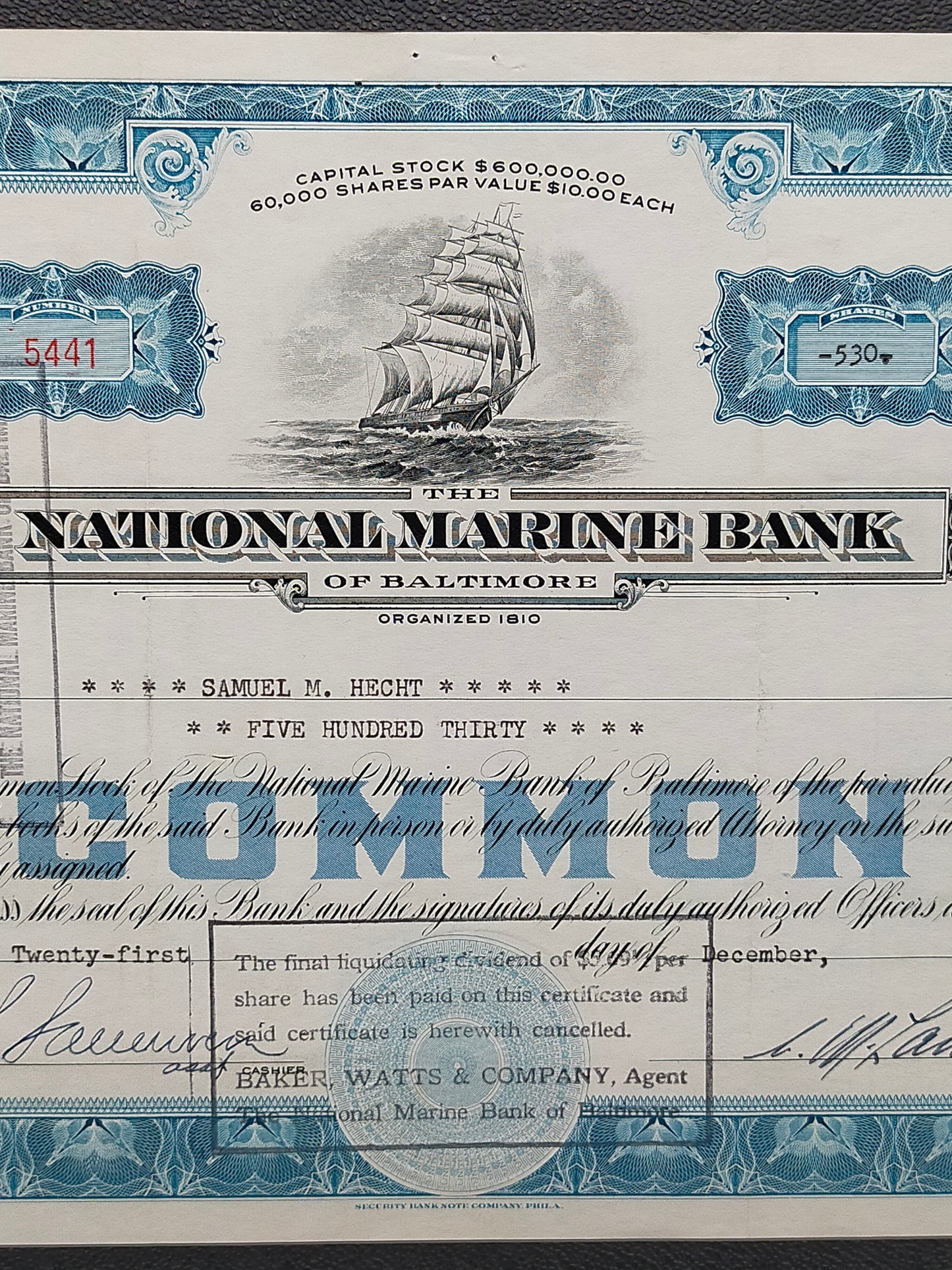 Historische Aktie – The National Marine Bank of Baltimore (1954)