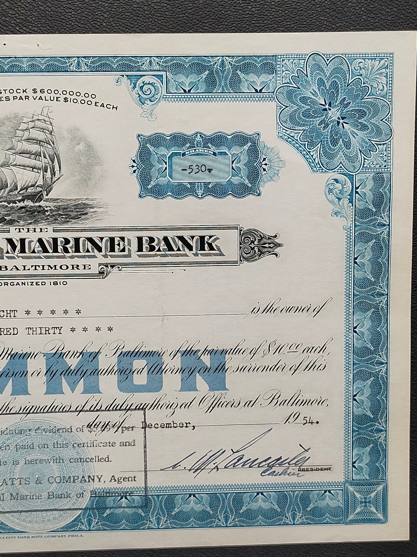 Historische Aktie – The National Marine Bank of Baltimore (1954)