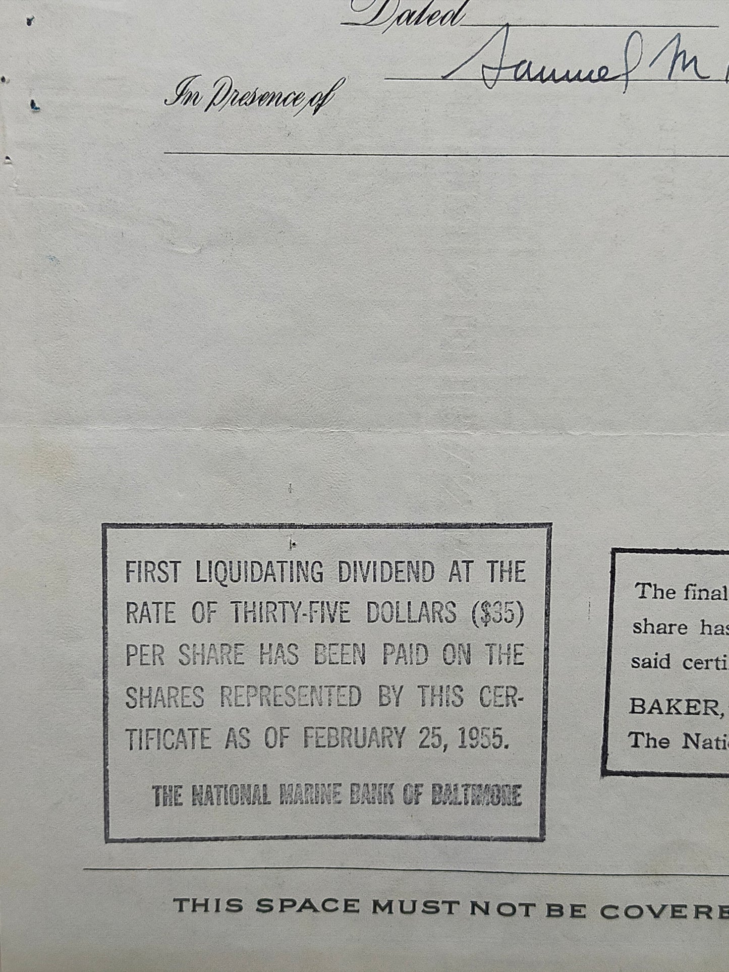 Historische Aktie – The National Marine Bank of Baltimore (1954)