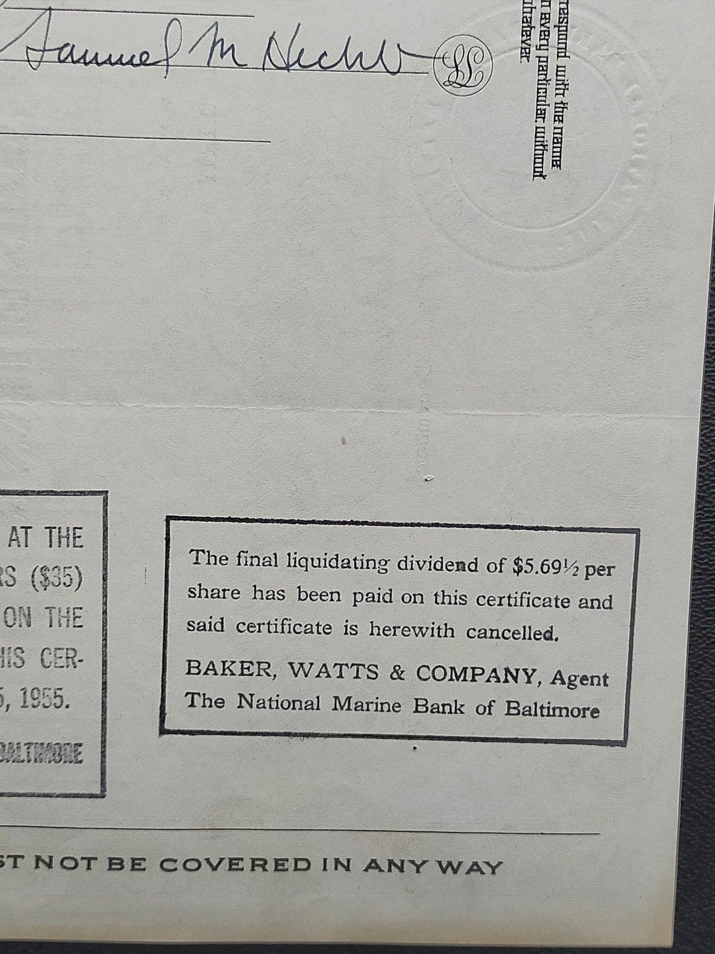 Historische Aktie – The National Marine Bank of Baltimore (1954)