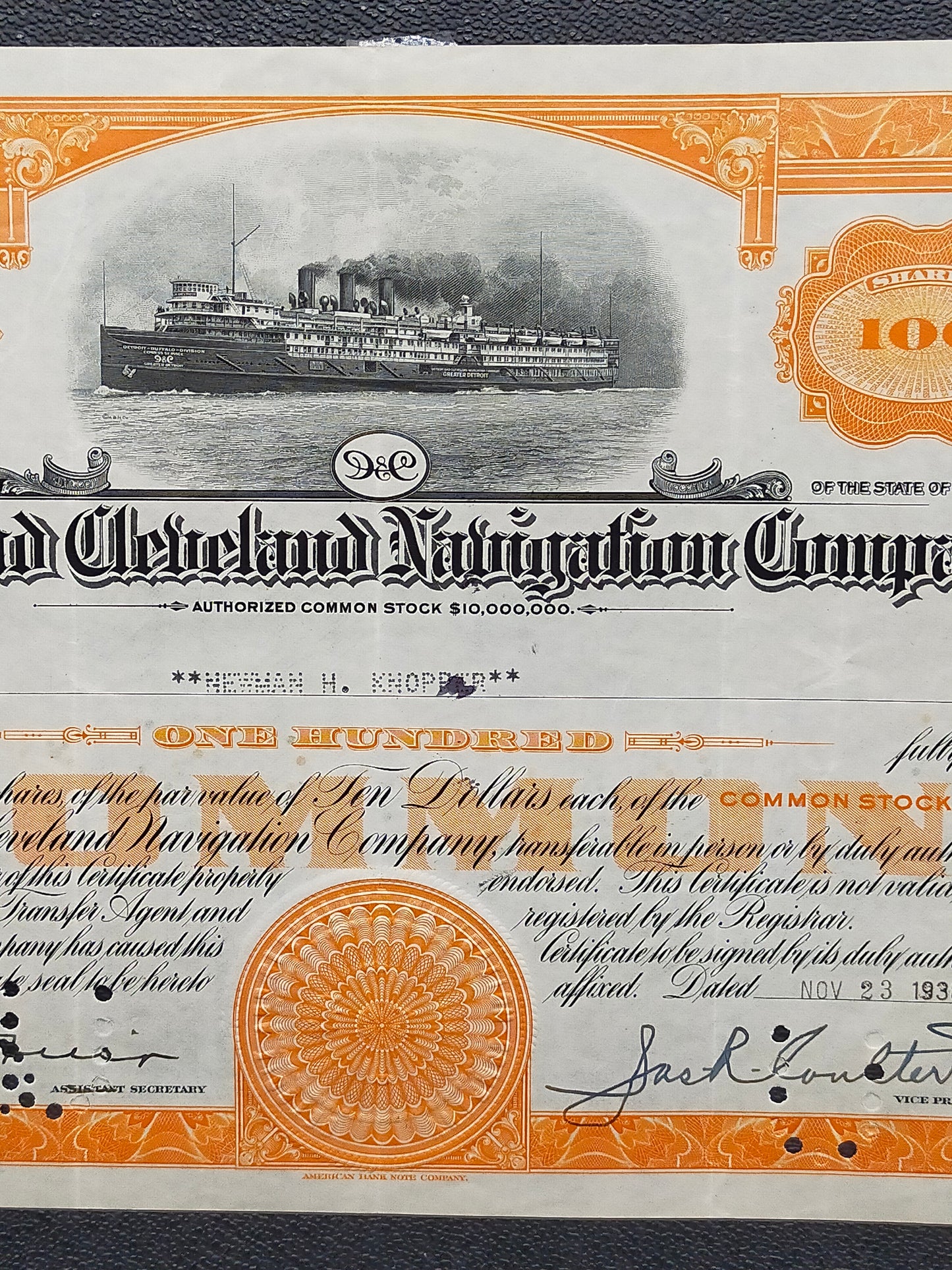Historische Aktie Detroit and Cleveland Navigation Company 1938
