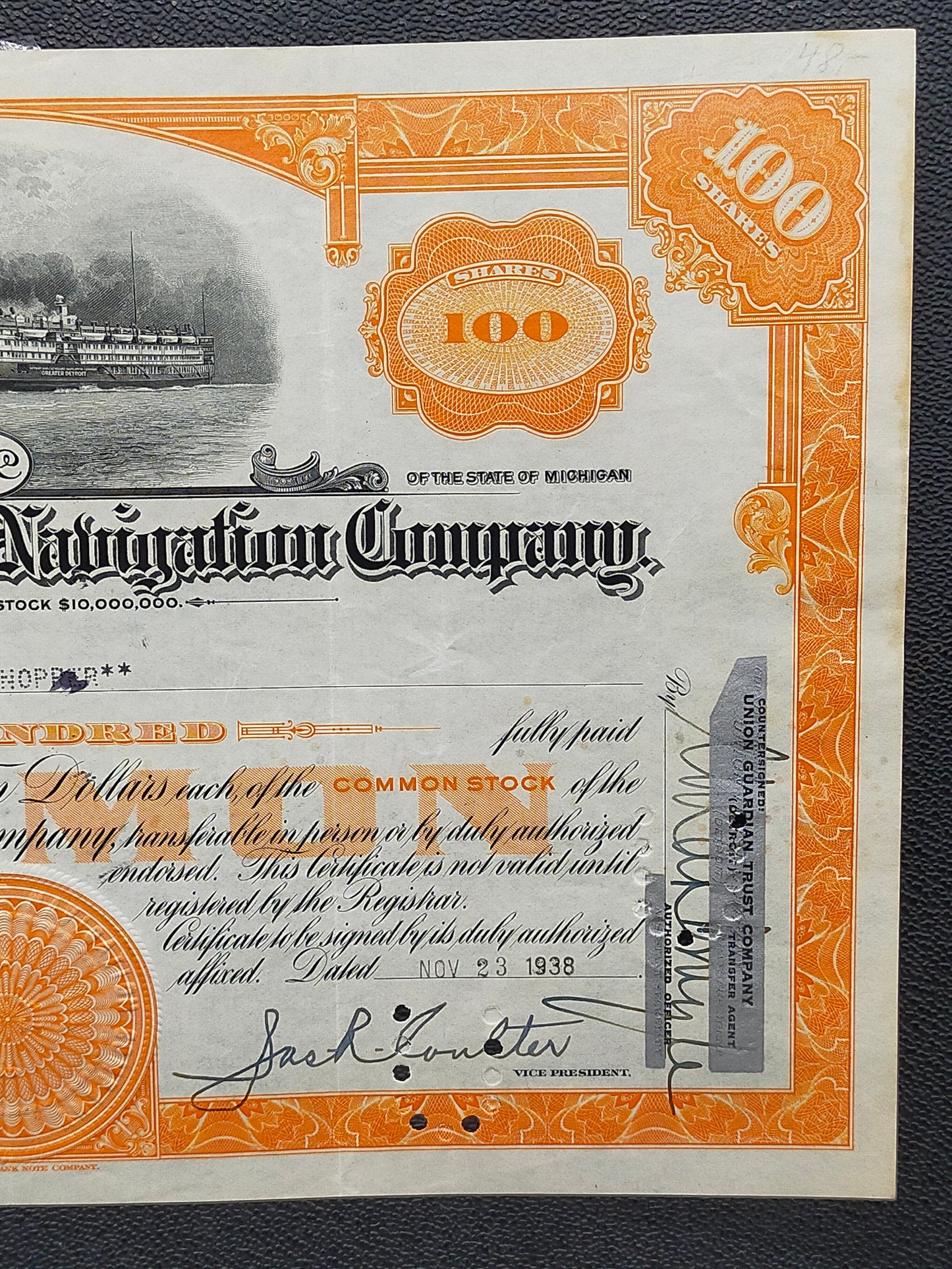 Historische Aktie Detroit and Cleveland Navigation Company 1938