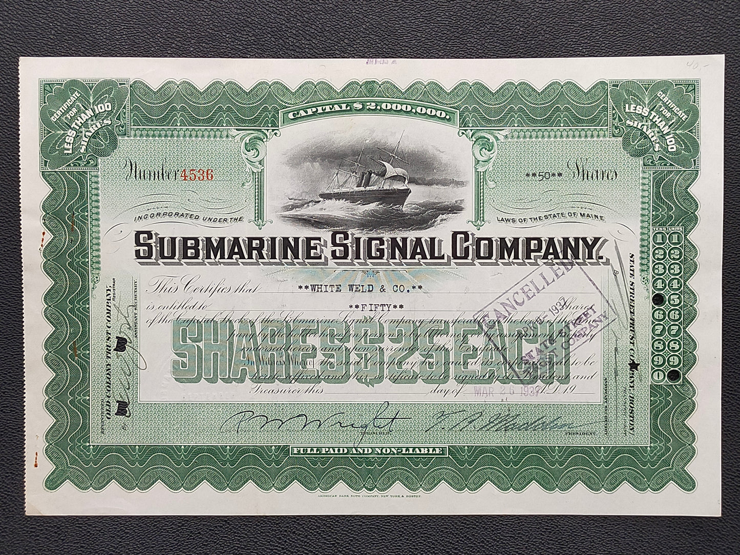 Historische Aktie Submarine Signal Company 1937