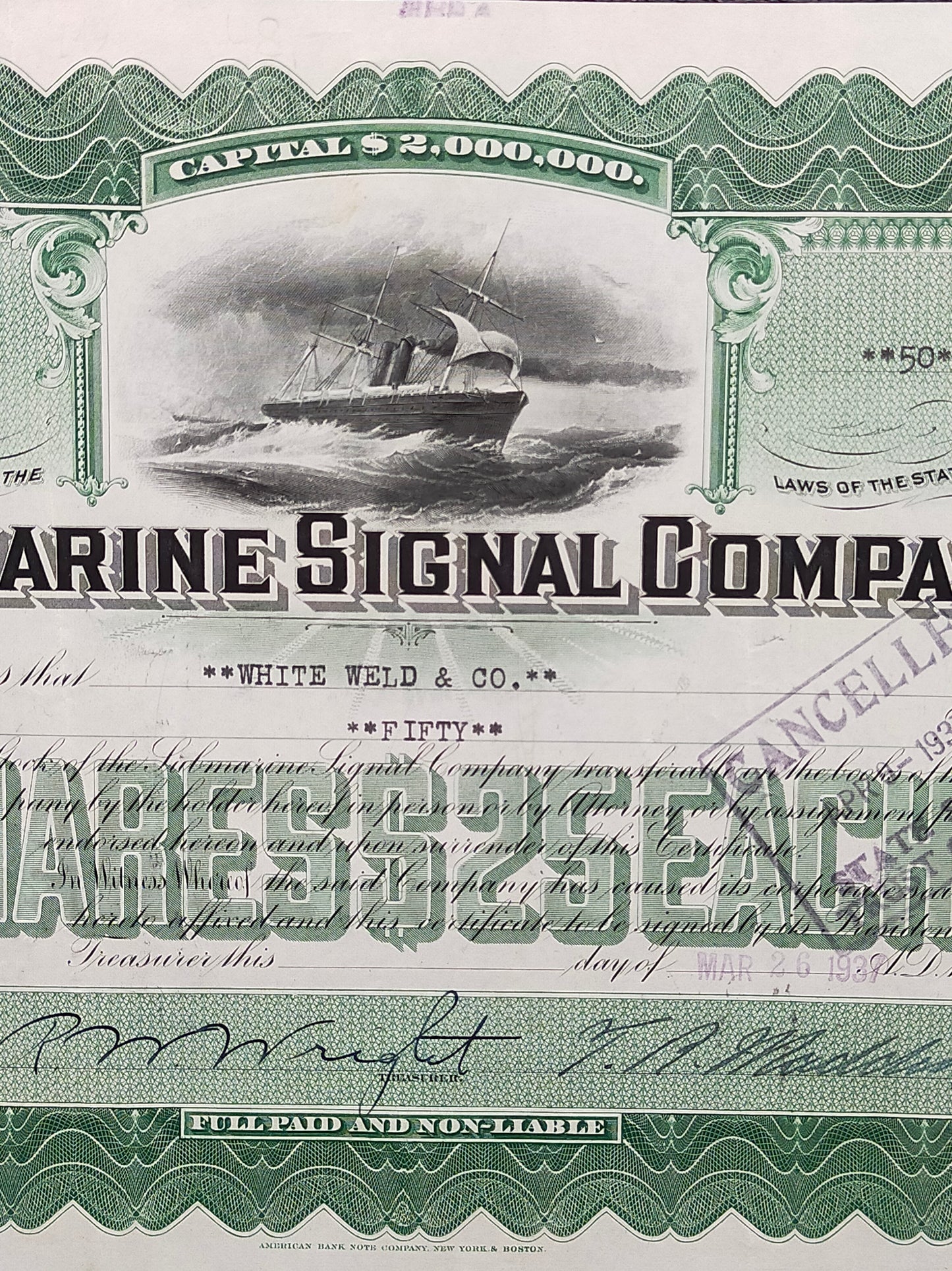 Historische Aktie Submarine Signal Company 1937