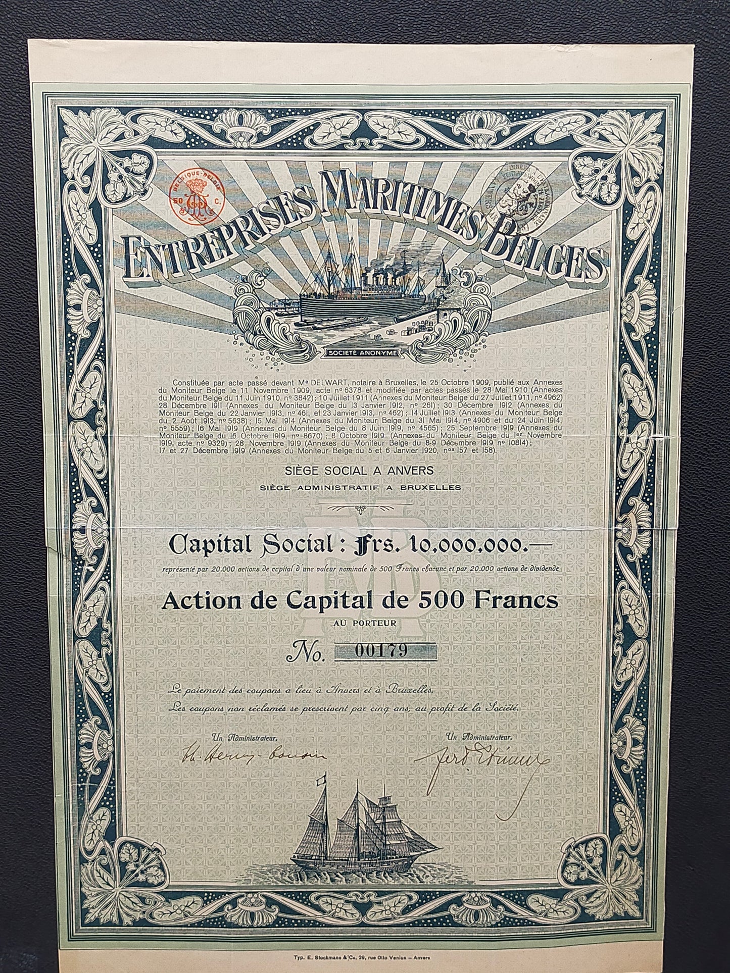 Historische Aktie Entreprises Maritimes Belges 500 Francs von 1919