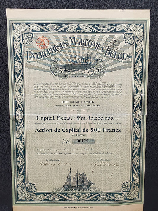 Historische Aktie Entreprises Maritimes Belges 500 Francs von 1919