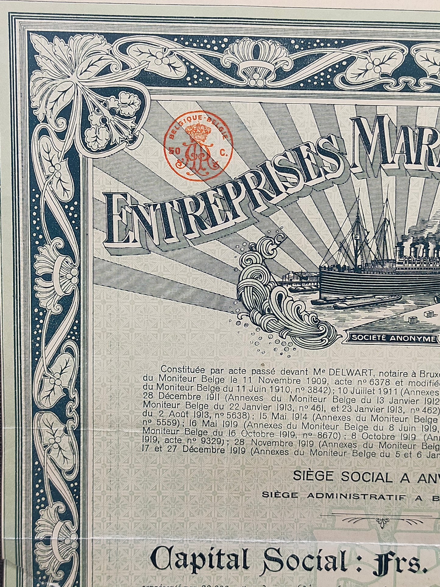 Historische Aktie Entreprises Maritimes Belges 500 Francs von 1919