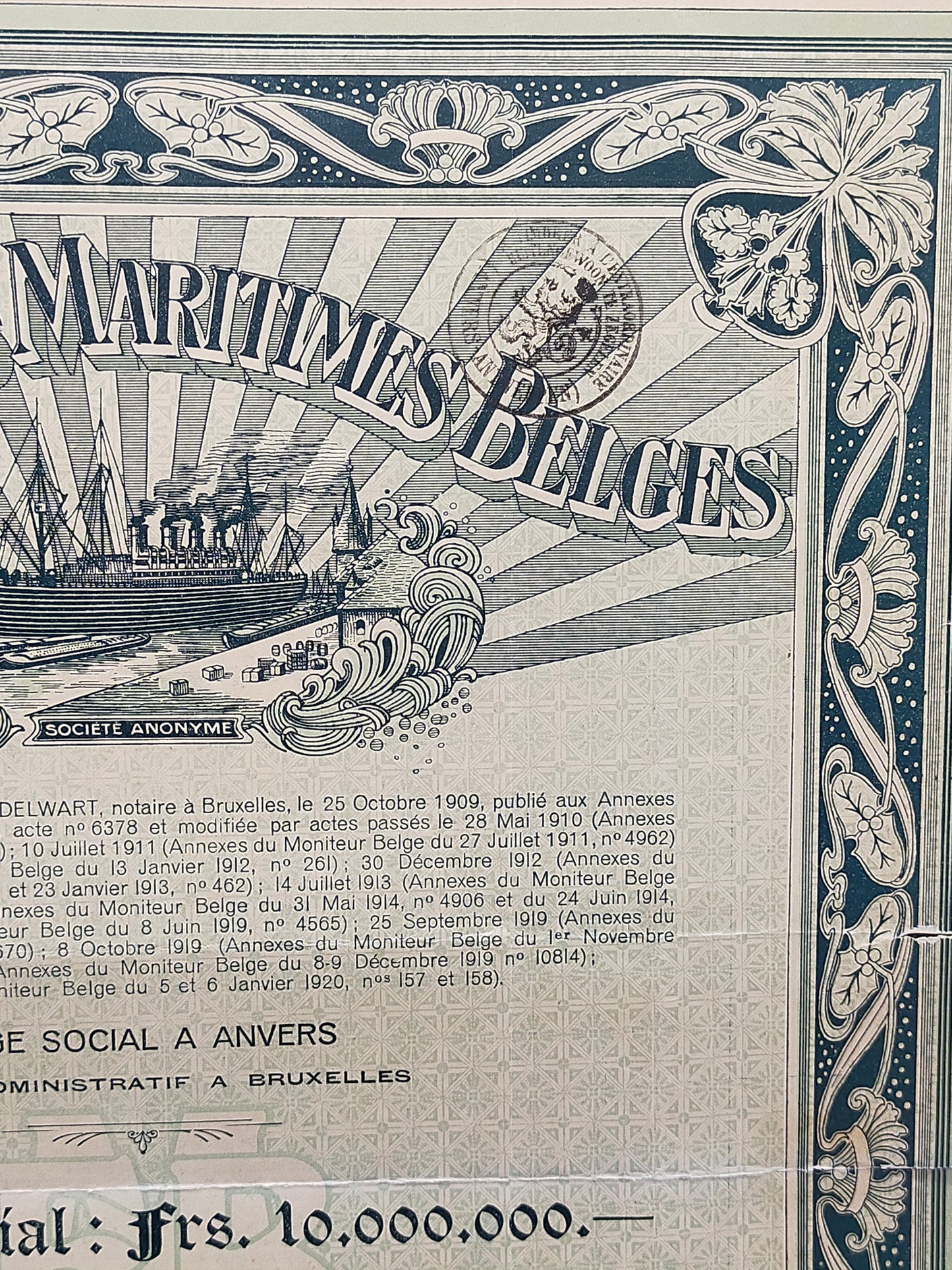 Historische Aktie Entreprises Maritimes Belges 500 Francs von 1919
