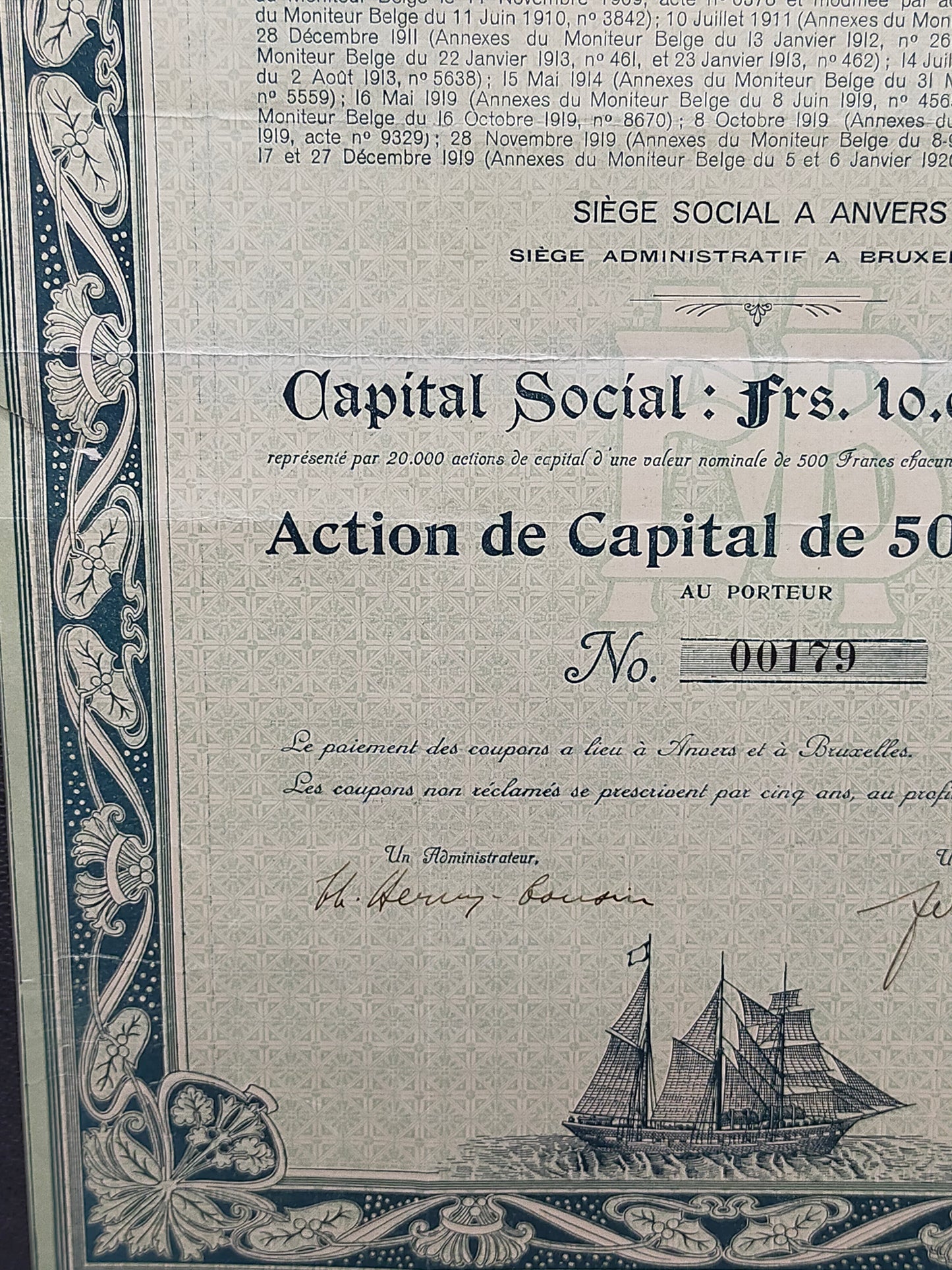 Historische Aktie Entreprises Maritimes Belges 500 Francs von 1919