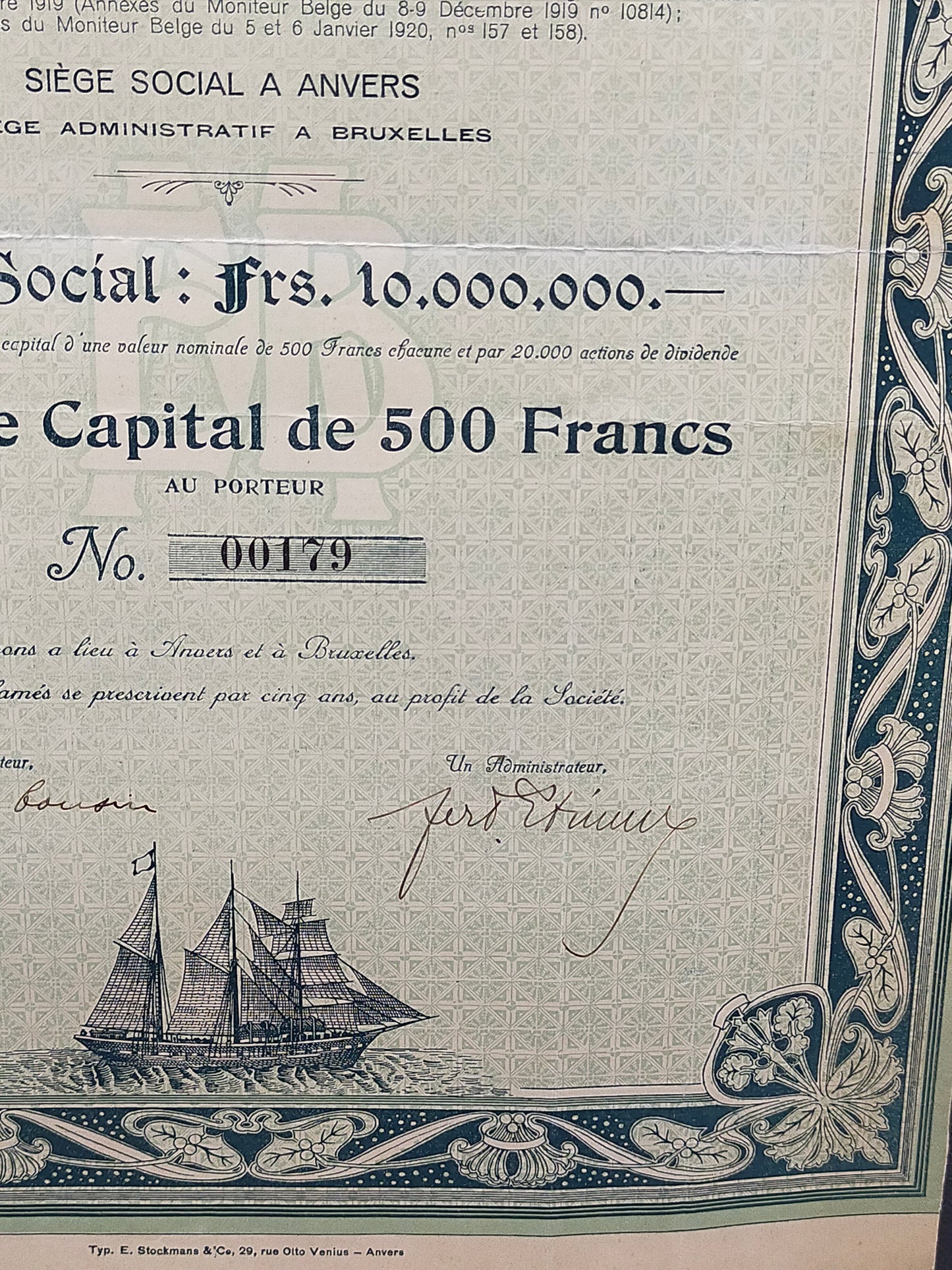 Historische Aktie Entreprises Maritimes Belges 500 Francs von 1919