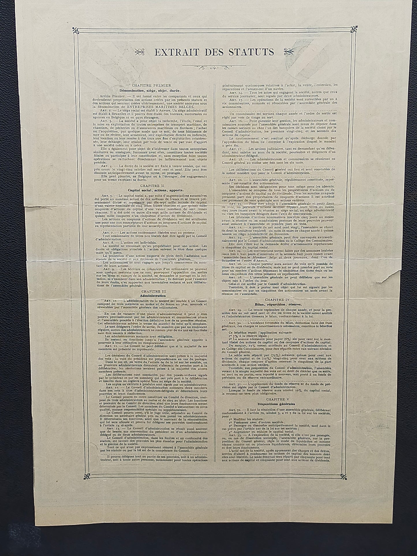 Historische Aktie Entreprises Maritimes Belges 500 Francs von 1919