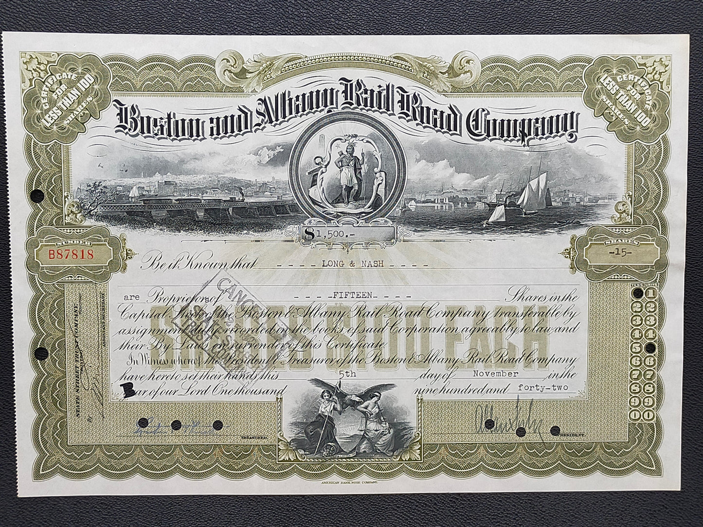Historische Boston and Albany Rail Road Aktie von 1942 Scripophily