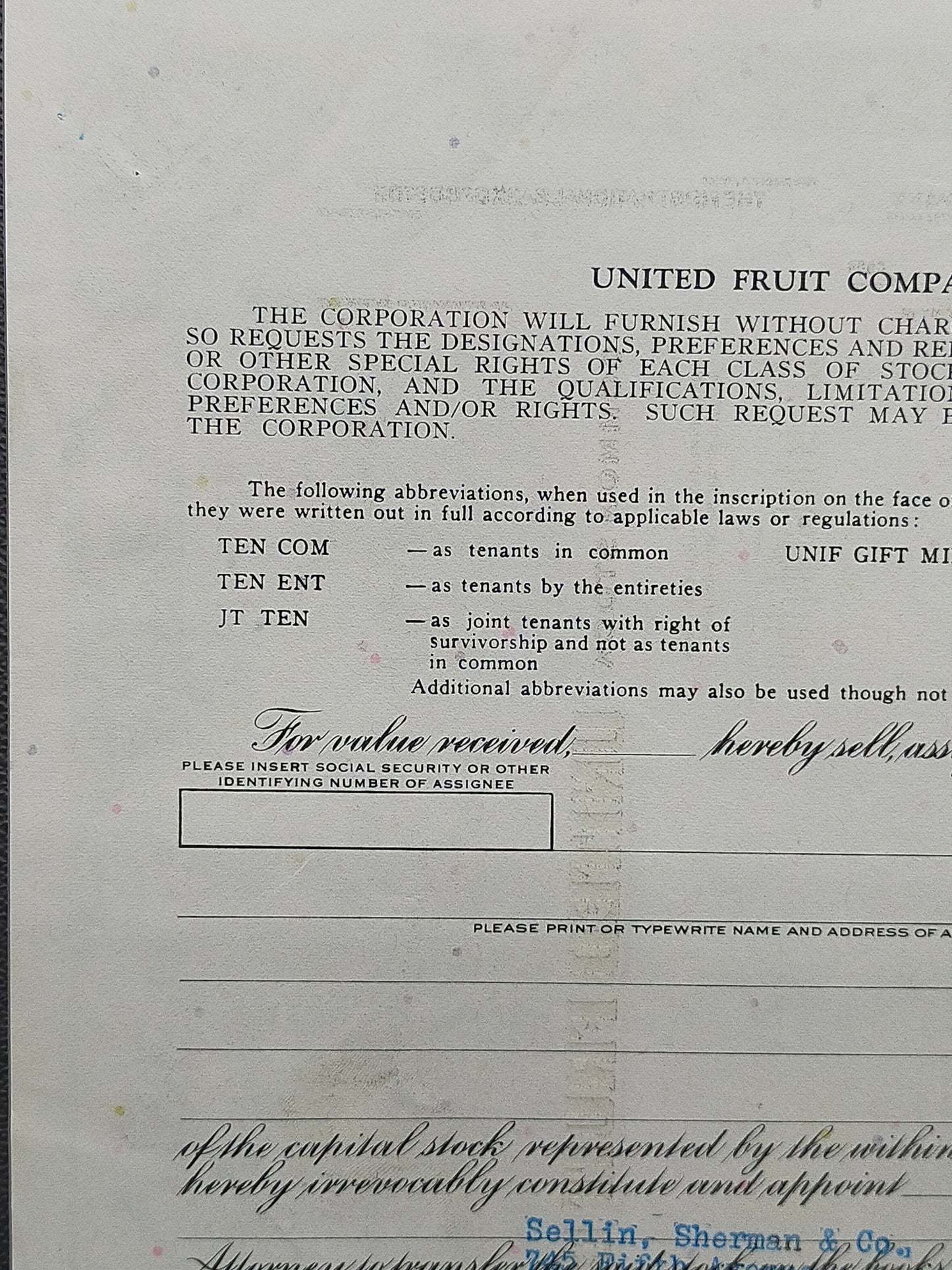 Historische United Fruit Company Aktie 100 Shares von 1970