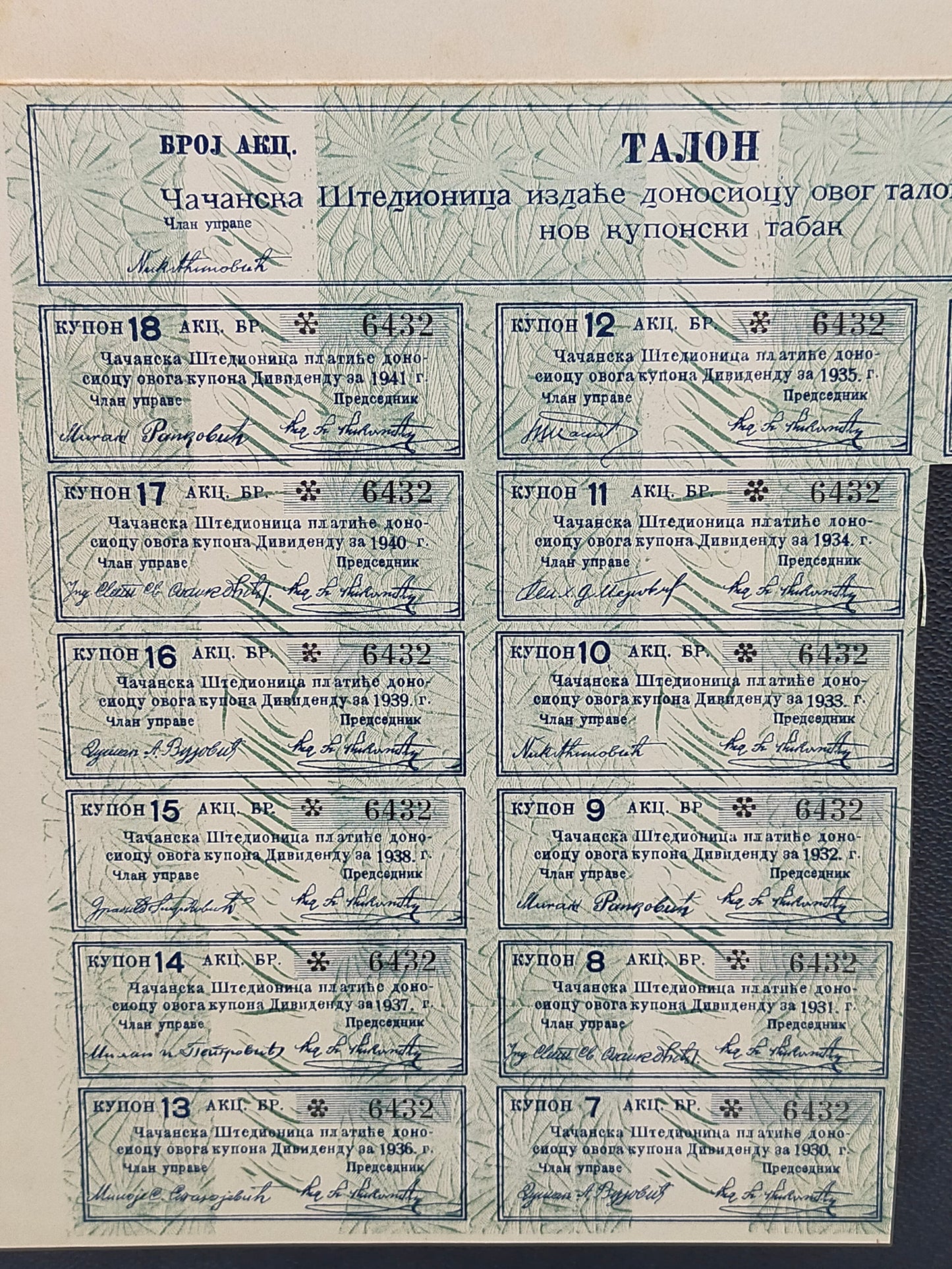 Historische Aktie Čačanske Štedionice von 1924 – 500 Dinara