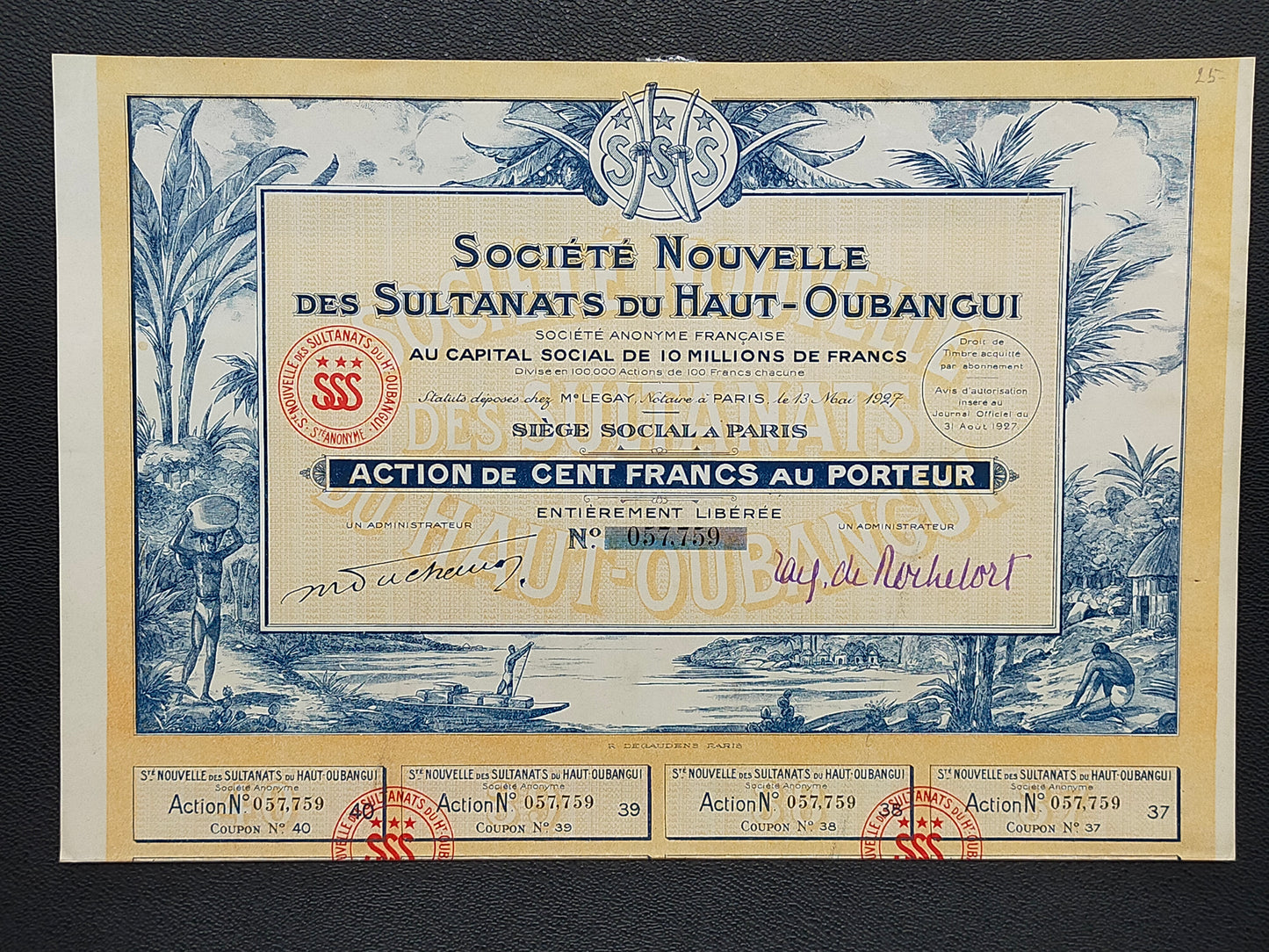 Historische Aktie Société Nouvelle des Sultanats du Haut-Oubangui 1927