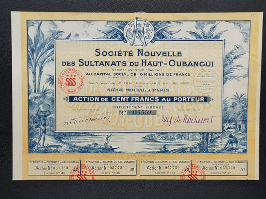 Historische Aktie Société Nouvelle des Sultanats du Haut-Oubangui 1927