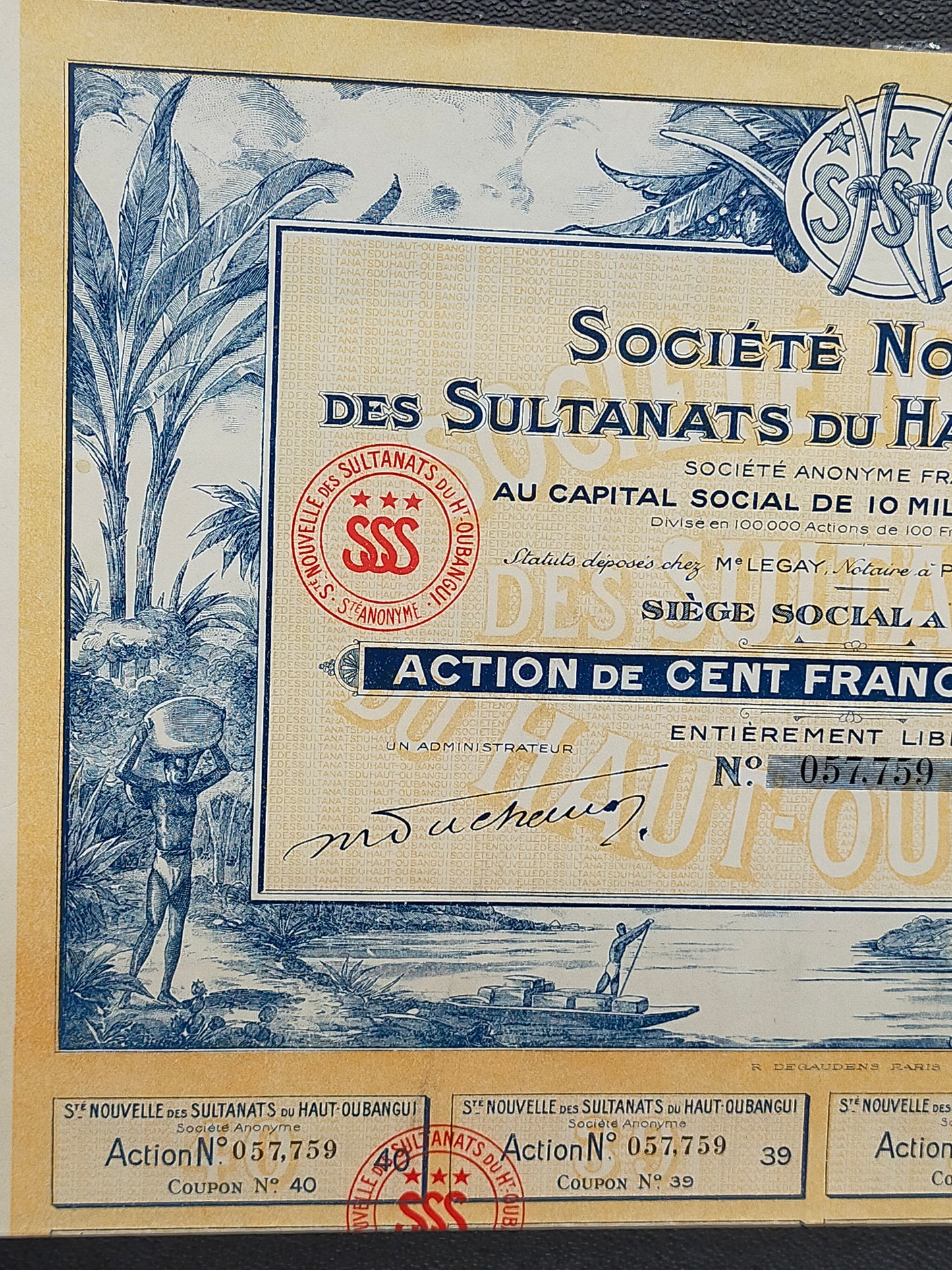 Historische Aktie Société Nouvelle des Sultanats du Haut-Oubangui 1927