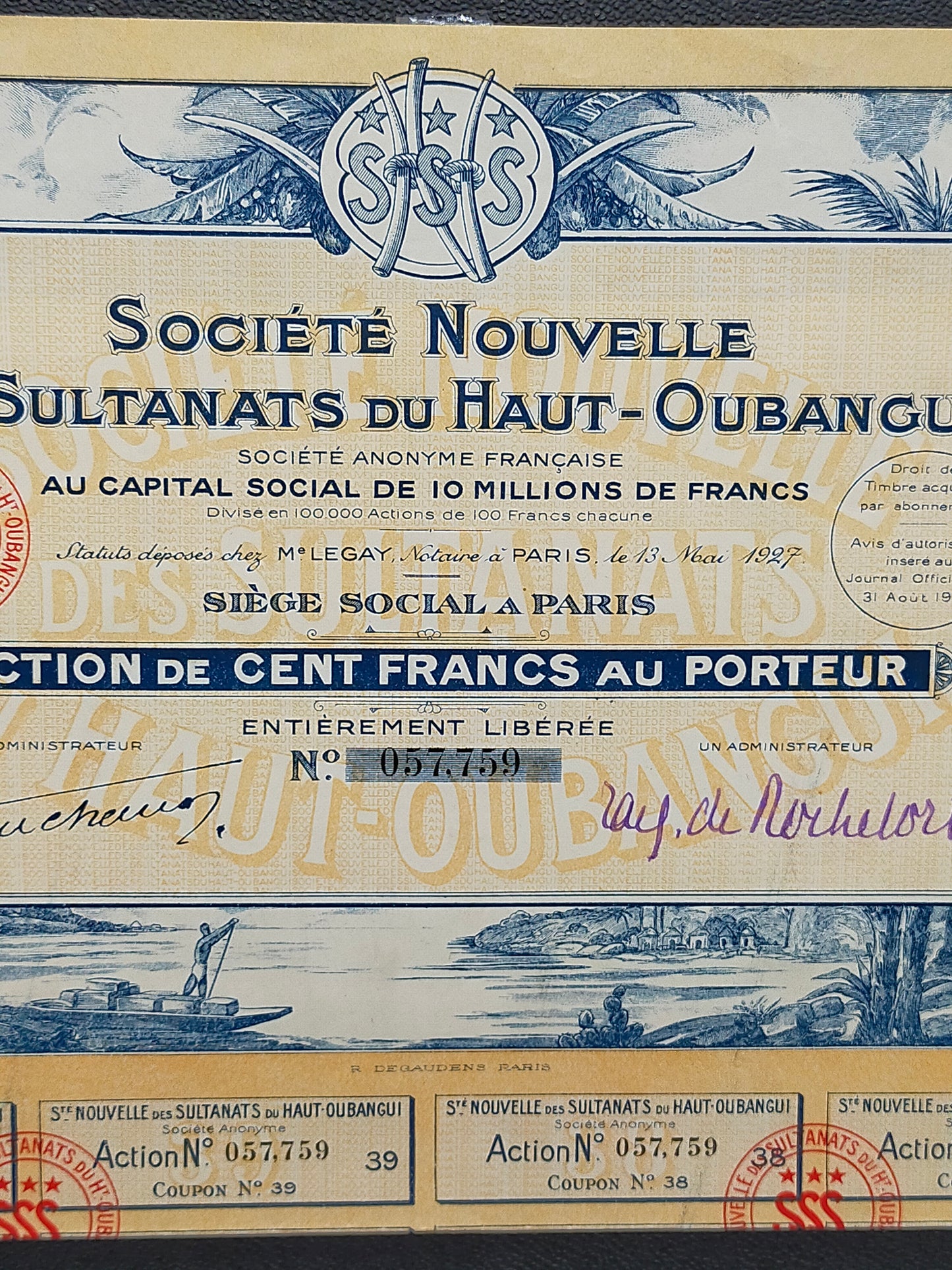 Historische Aktie Société Nouvelle des Sultanats du Haut-Oubangui 1927