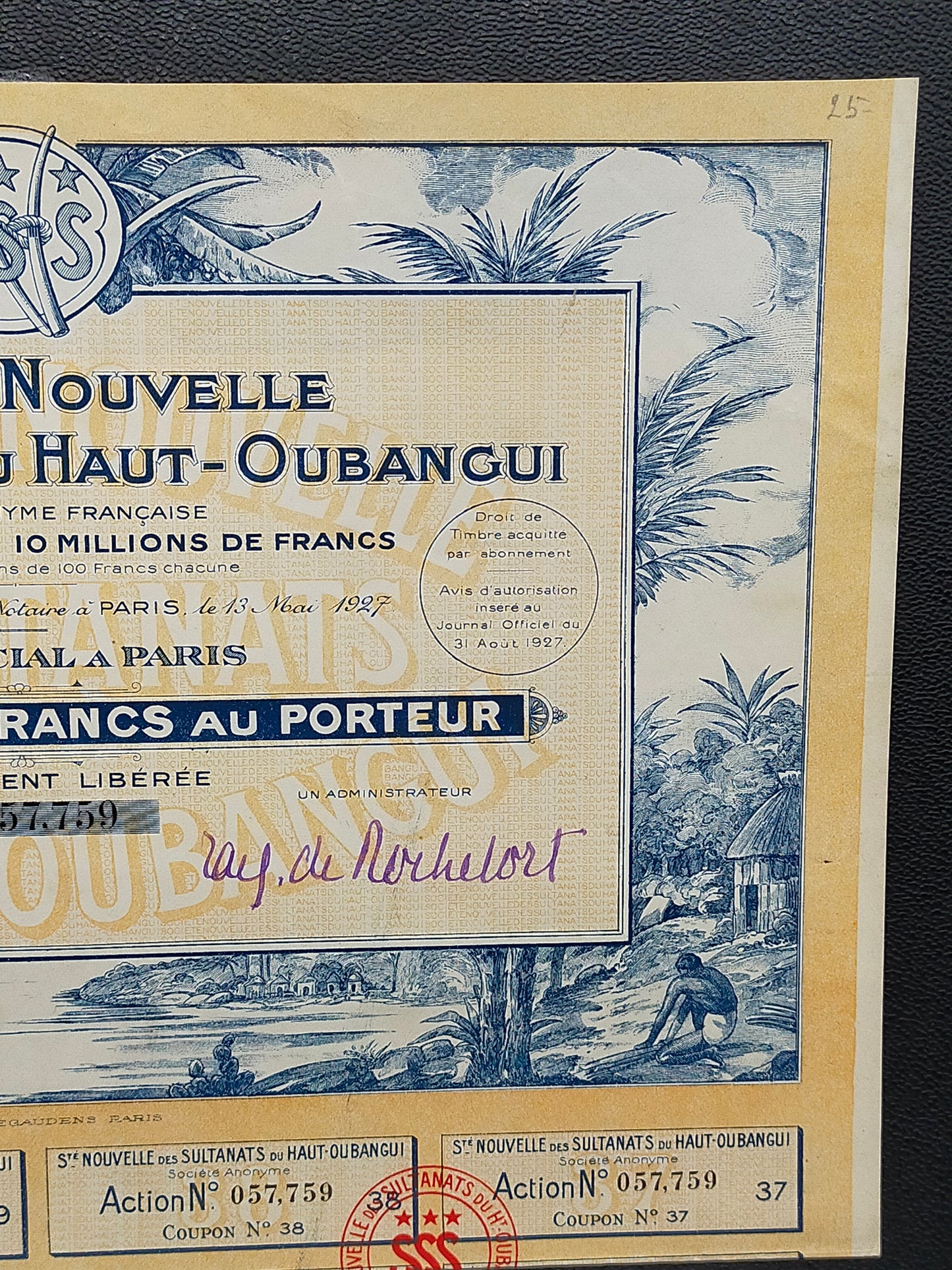 Historische Aktie Société Nouvelle des Sultanats du Haut-Oubangui 1927