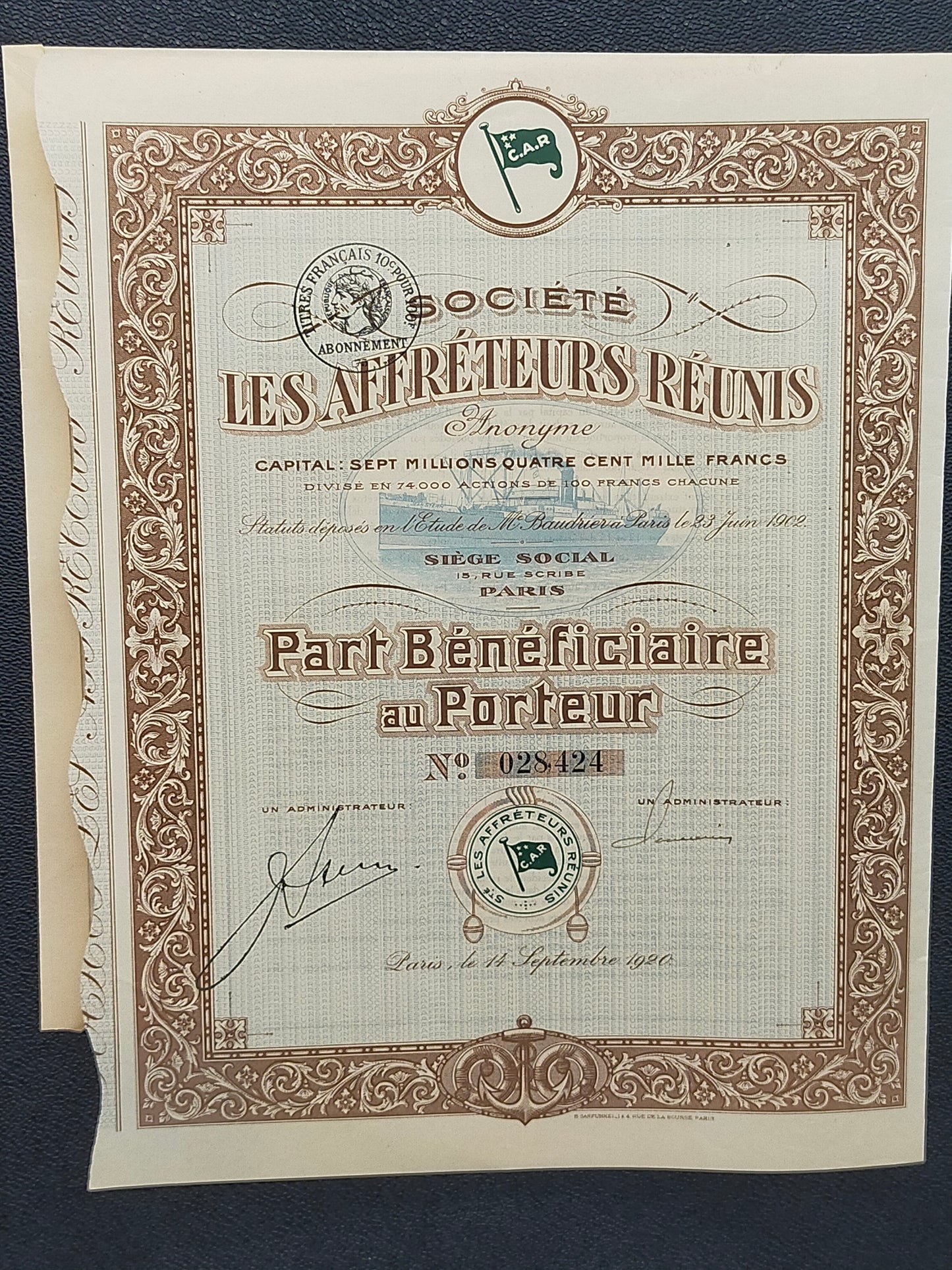 Historisches Wertpapier Les Affréteurs Réunis Paris 1920