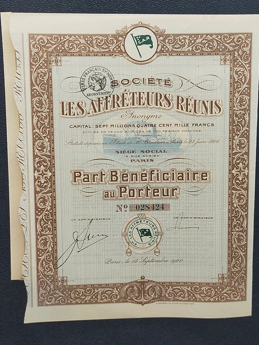 Historisches Wertpapier Les Affréteurs Réunis Paris 1920