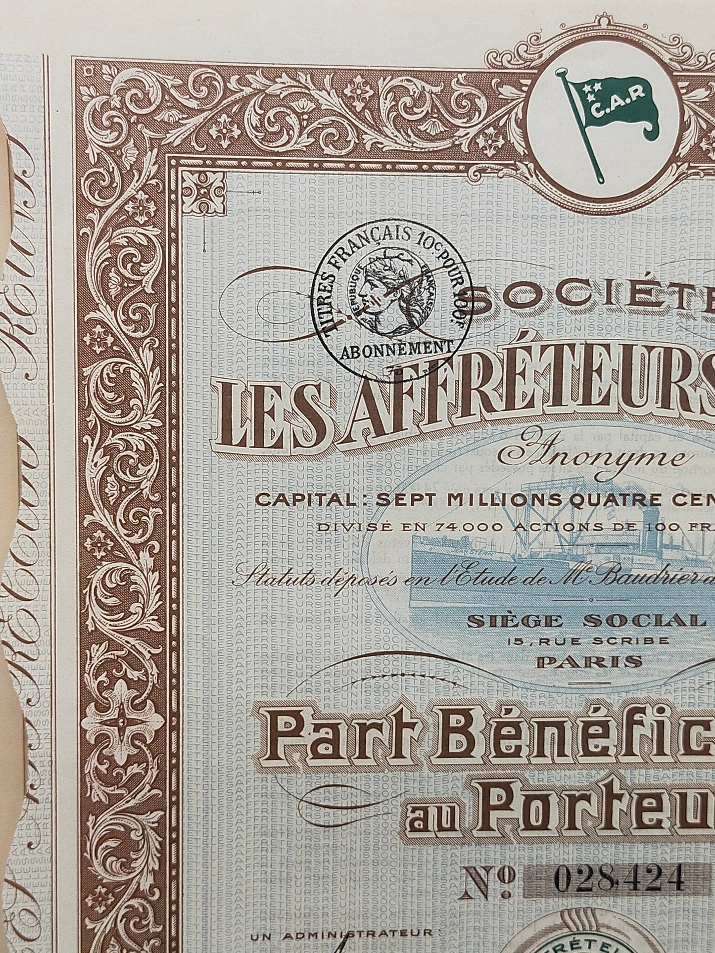 Historisches Wertpapier Les Affréteurs Réunis Paris 1920