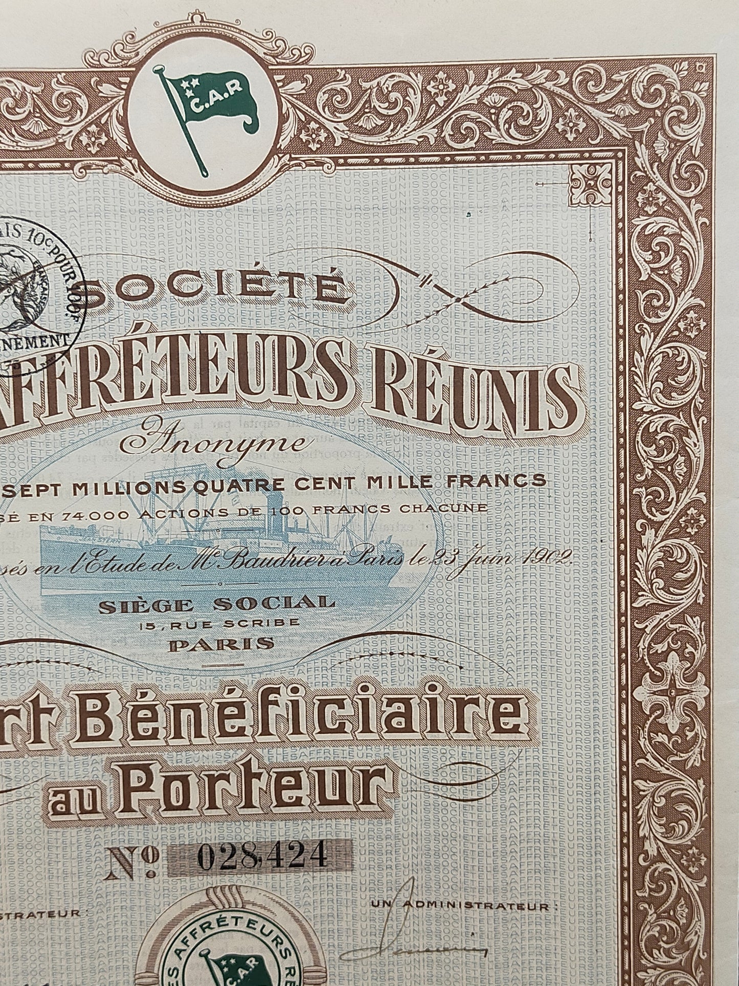 Historisches Wertpapier Les Affréteurs Réunis Paris 1920