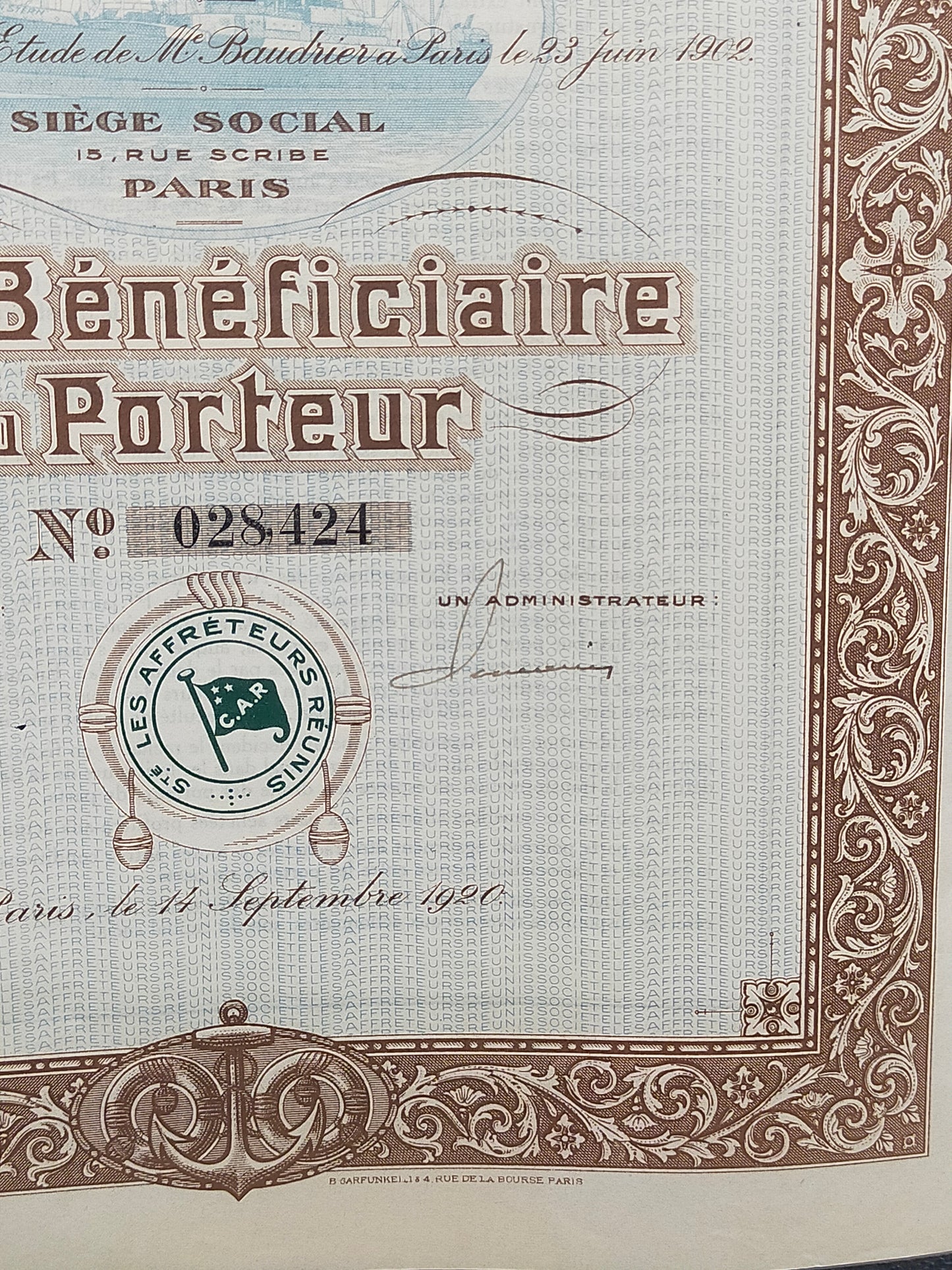 Historisches Wertpapier Les Affréteurs Réunis Paris 1920