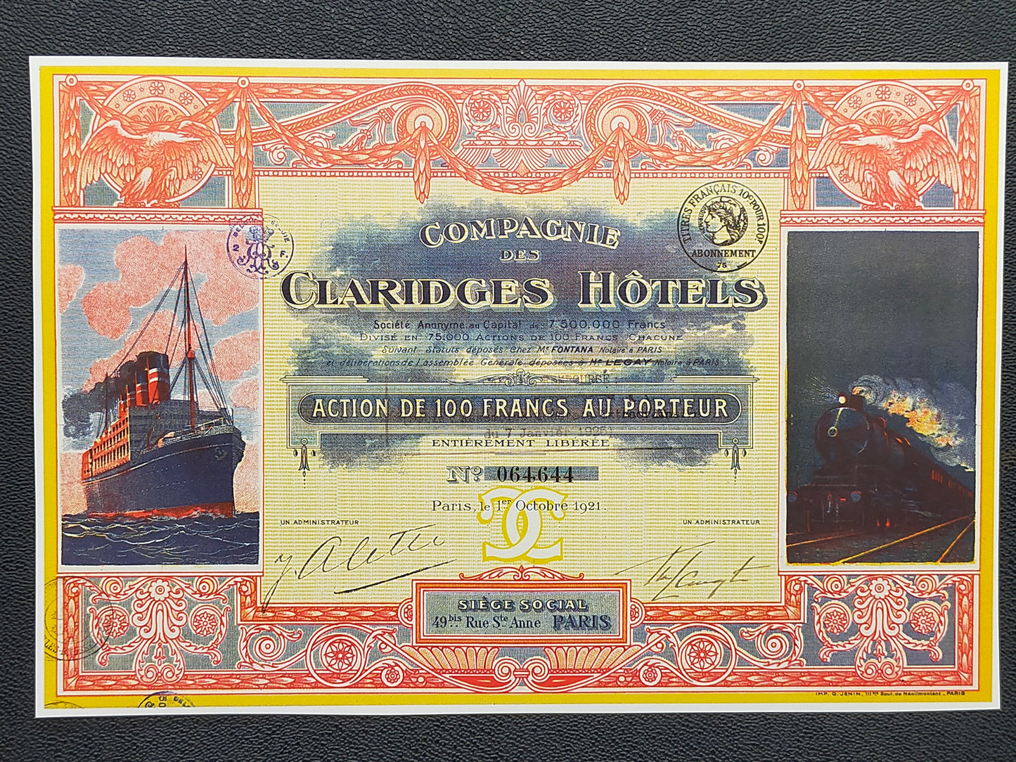 Historische Aktie Compagnie des Claridges Hôtels Paris 1921